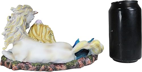 Miniatura 7 de Ebros Gift Sirena de sirena de pelo rubio, princesa Ariel con caballo de unicornio blanco raro en estanque de lirio, decoración de unicornios,