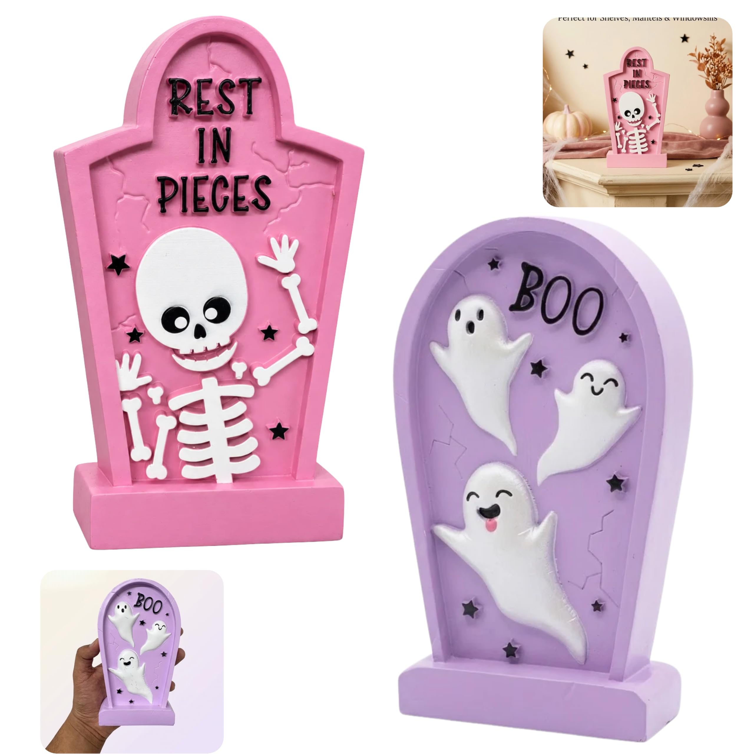 2 Pack Halloween Tombstone Decorations 18cm – Pink Rest In Pieces Skeleton & Lilac Boo Ghost Resin Gravestone Ornaments, Cute Gothic Tabletop Décor for Shelf, Mantel, Window, Party & Home Display