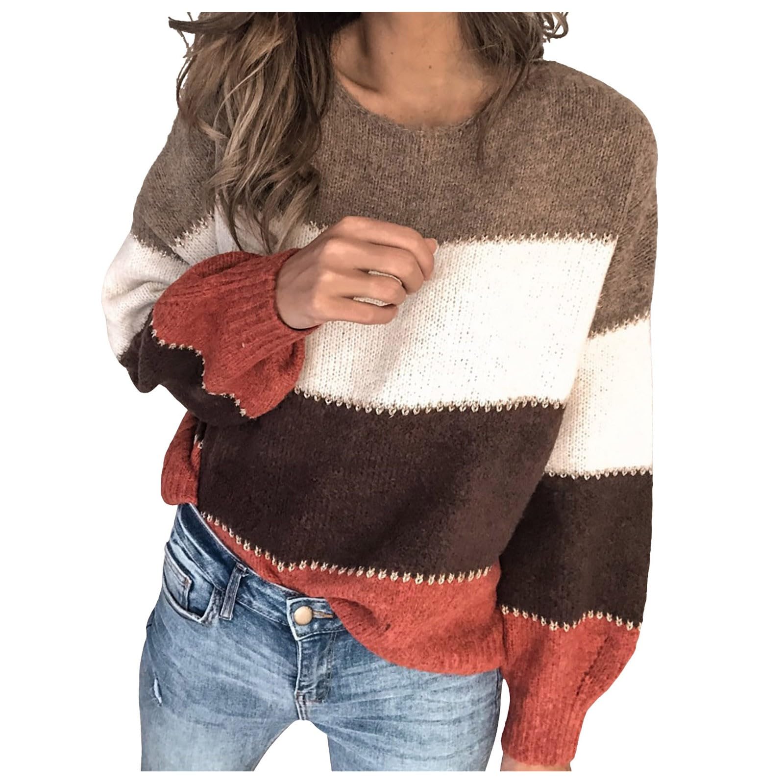 Womens Casual Sweater Pullover Fall Color Block Knitted Basic Sweaters Long Sleeve Cozy Boho Loose Crewneck Jumper