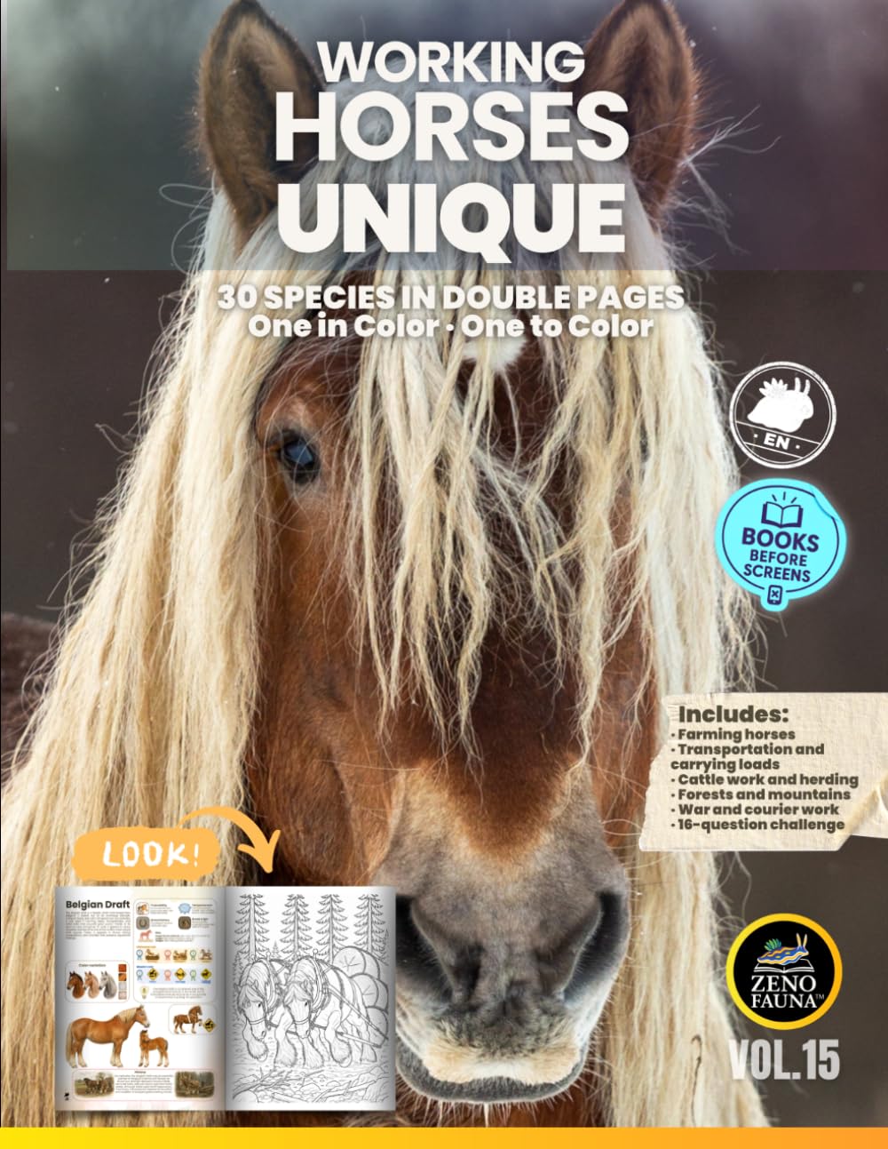 Horses: Working Breeds – Unique: 30 Breeds in Double Pages | One in Color and One to Color (Unique Animals)