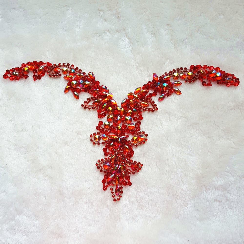 Handmade Beaded Sequin AB Color Bling Sew On Neckline Rhinestone Crystal Trim Bridal Applique Design Patch Sewing for Wedding Dresses DIY Decoration 20x34cm (Red)