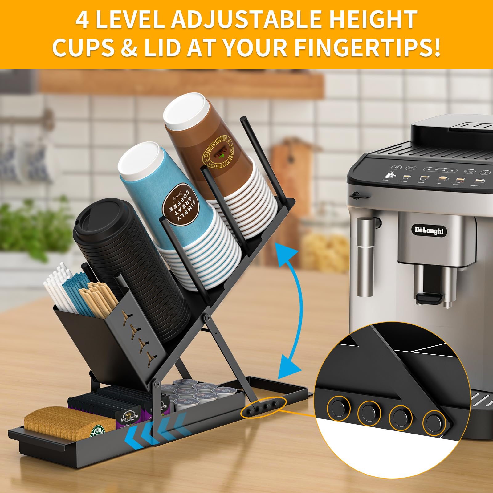 ZDDLOINP Cup and Lid Holder with Straw Organizer Coffee Station Organizer, Metal Cup Dispenser 5 Compartment Coffee Cup Holder for Coffee Bar Accessories, Disposable Paper Cups, Plastic Cups, Lids