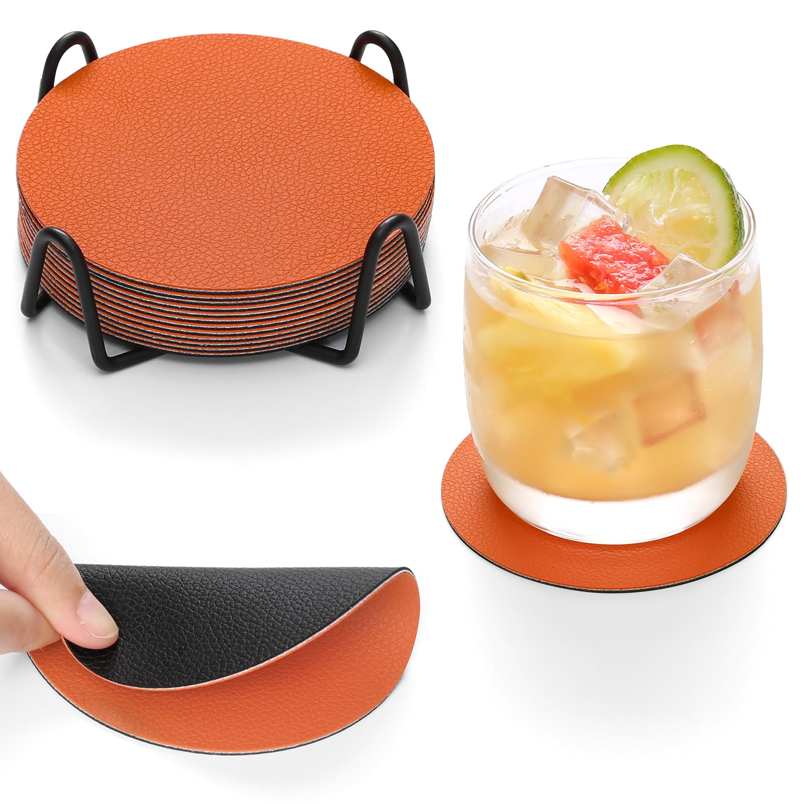 Chitomars Untersetzer Gläser 12er Set, Doppelseitigen Glasuntersetzer Getränkeuntersetzer rutschfest Kunstleder Lederoptik Untersetzer(Schwarz Orange,Rund)