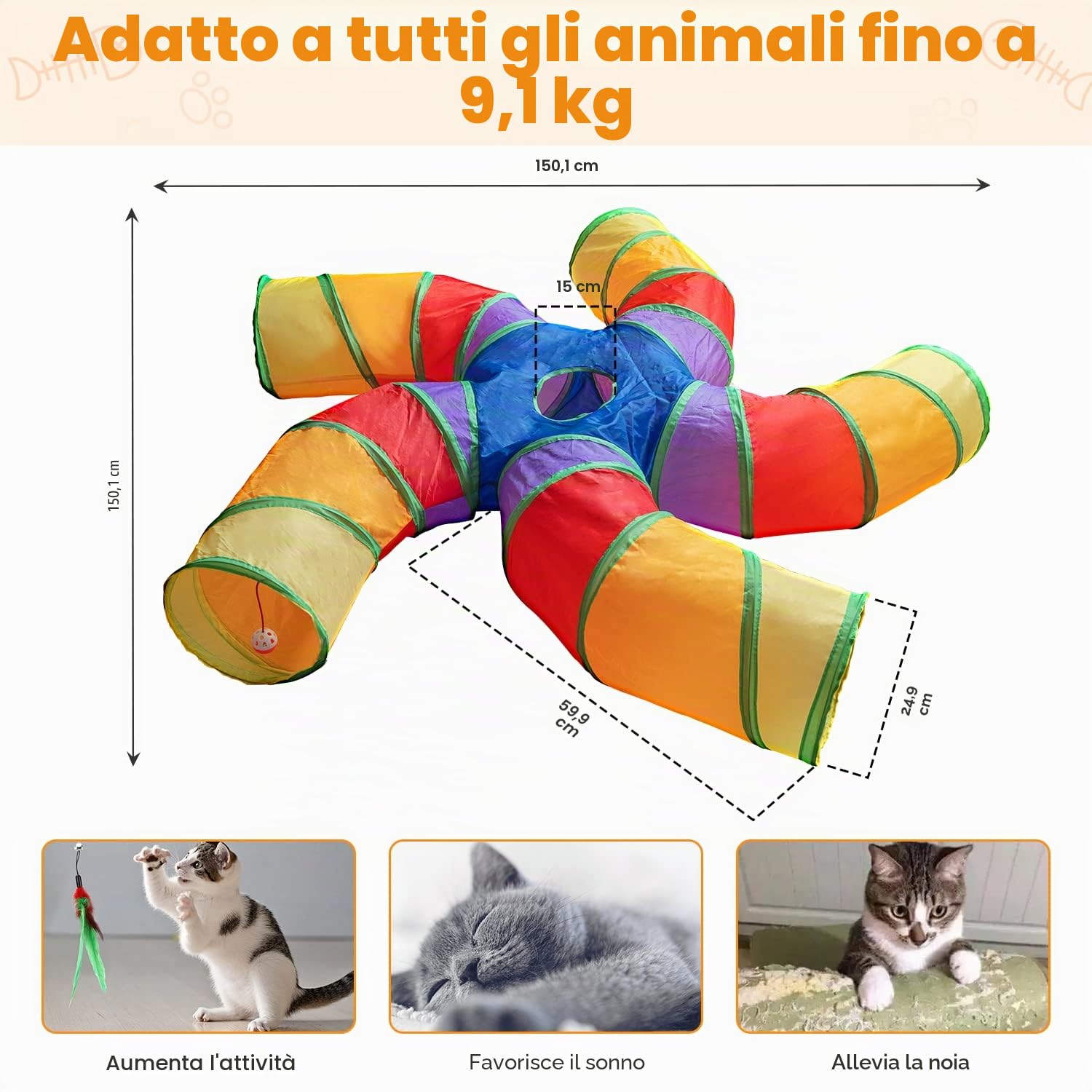 Depets Tunnel per gatti da interni, tunnel per gatti a 5 vie, grande tunnel e tubo con palla da gioco, tubo piegato a forma di S con spioncino interattivo, ideale per esercizi indoor per gattini