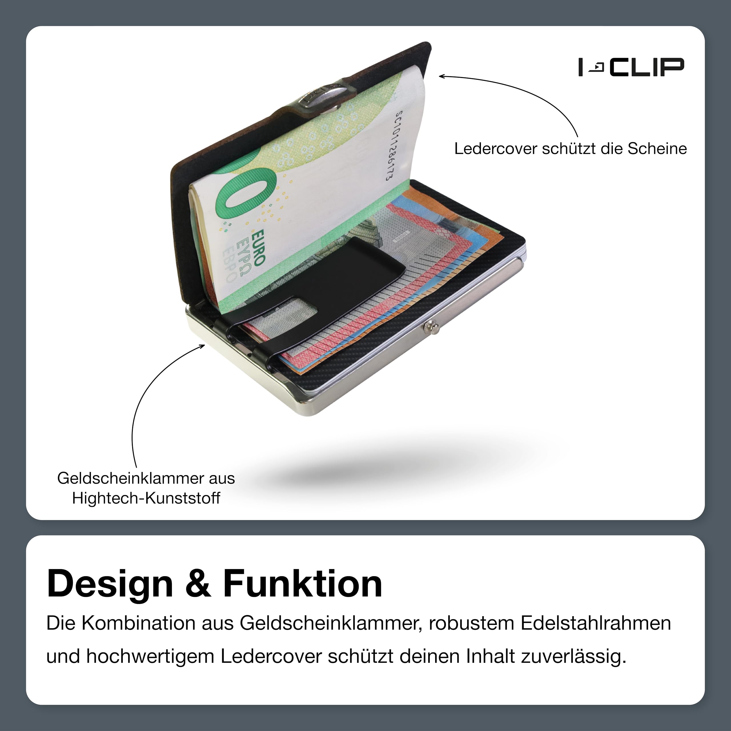 I-CLIP Edelstahl Geldbörse mit austauschbarer Geldklammer - Leder Portemonnaie - Kreditkartenetui mit Geldklammer - hochwertiger Geldbeutel - Slim Wallet - Polierter Rahmen - White Ace