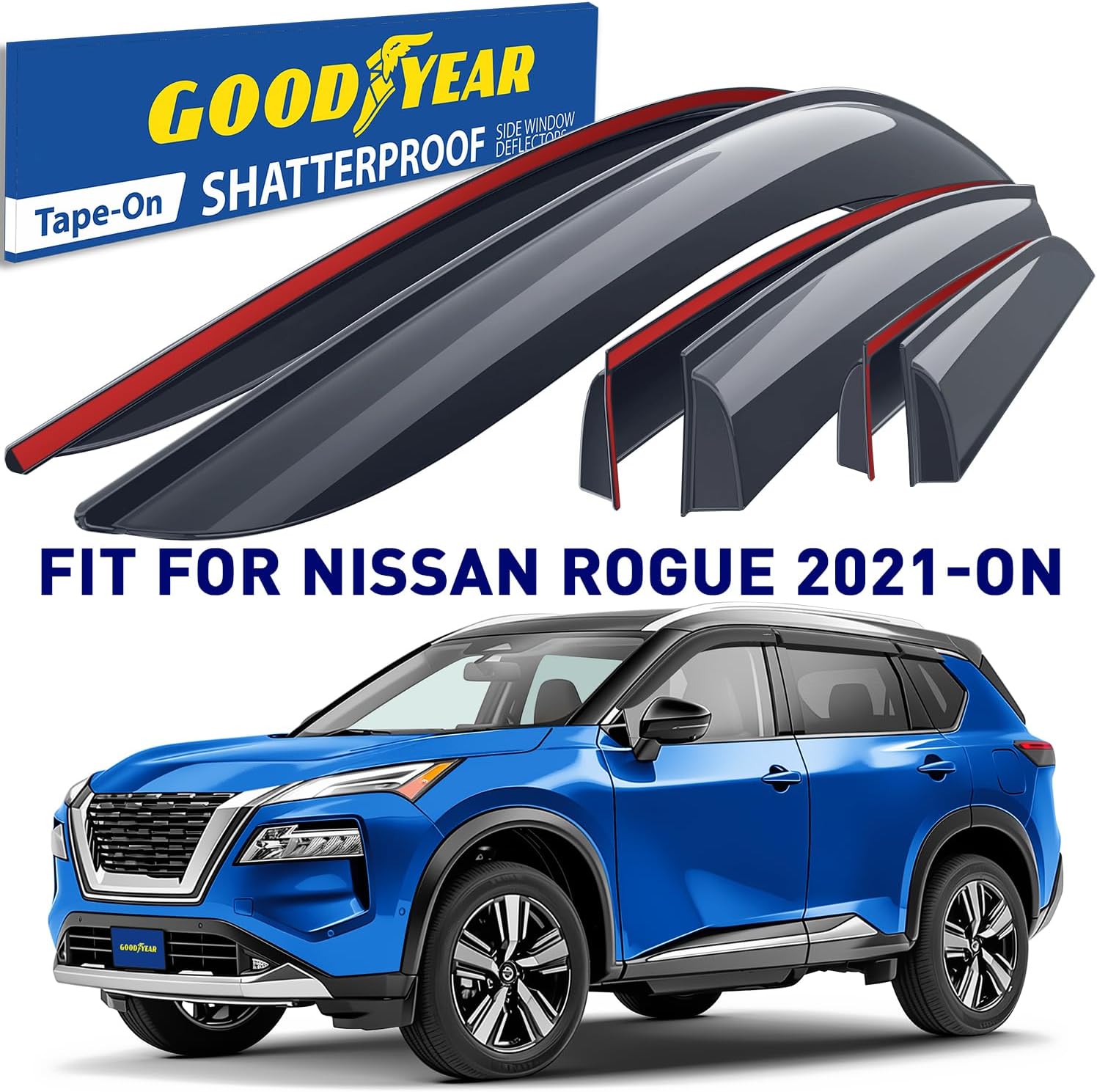 Goodyear Shatterproof Window Deflectors for Nissan Rogue 2021-2026, Tape-on Rain Guards, Window Visors, Vent Deflector Visor, Car Accessories,6 pcs. - GY008635