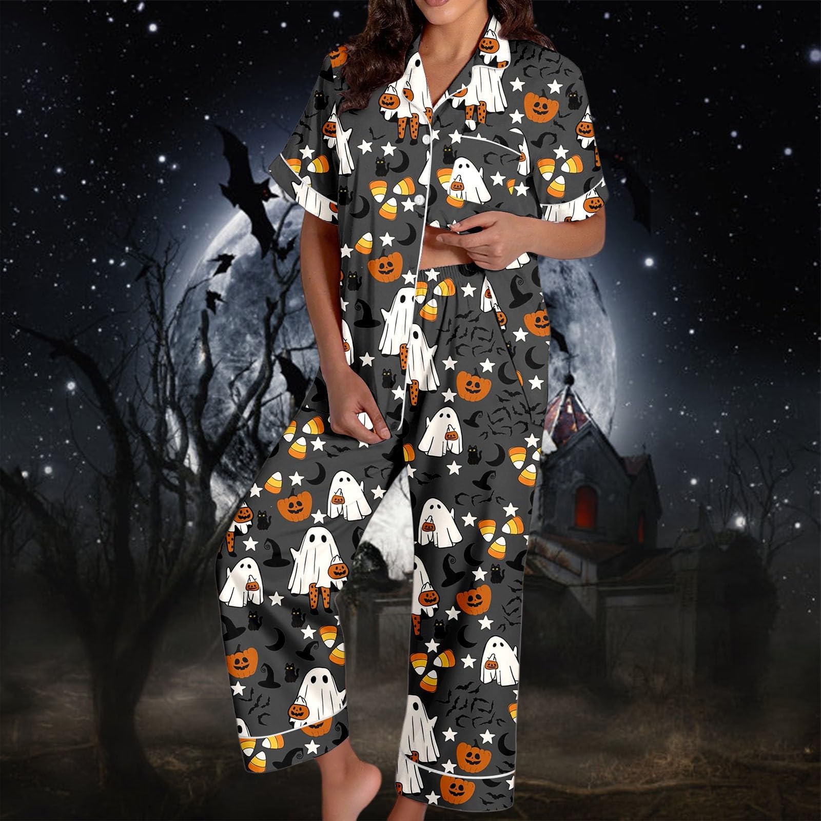 Genérico Conjuntos Pijama Mujer Halloween Satén Seda Manga Corta Abotonado Pantalones Cortos Ropa Dormir Cómoda Elegante Otoño Invierno
