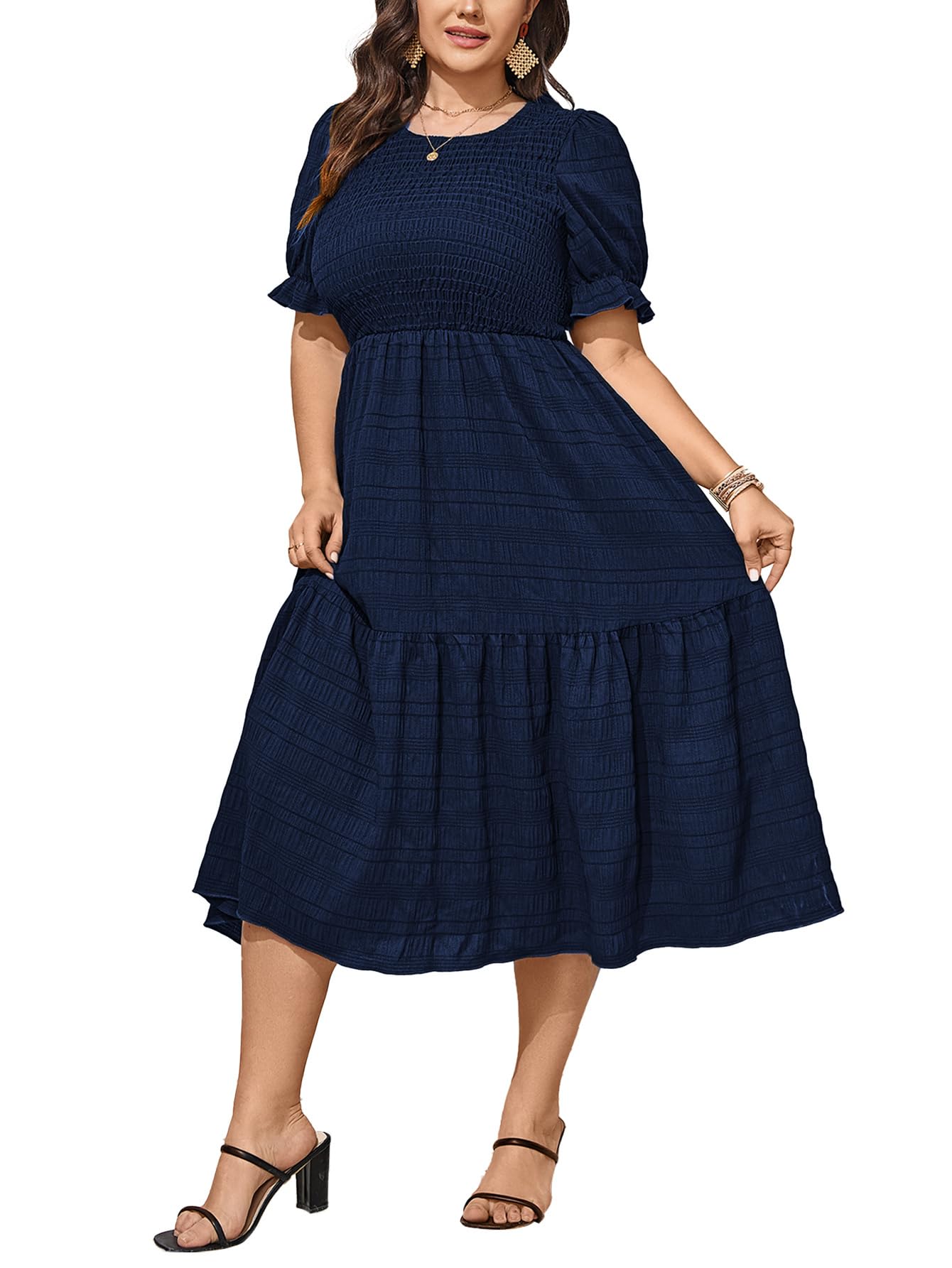 SCOMCHIC Vestidos de Verano para Mujer, Talla Grande, Casual, Manga Corta, Cuello Redondo, Fruncido, con Volantes, Bohemio, para Fiesta, Azul Marino, XXL Más