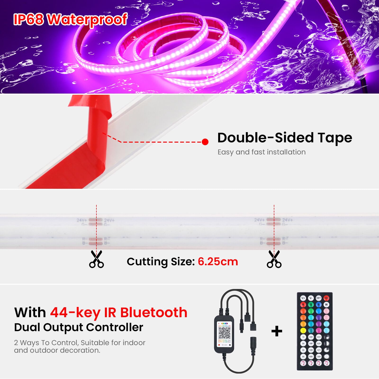 12V RGB COB LED Streifen, Wasserdicht IP68 576 LEDs/m 16 color Dimmbar Selbstklebend Bandlicht mit 44 Tasten IR Bluetooth Musik RGB Controller für Küche Wohnzimmer Heim Garten im Freien Deko