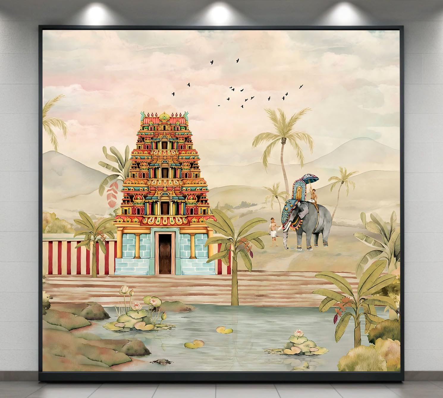Ornate Gopuram, Lotus Pond, and Decorated Elephant Design Backdrop Cloth for Pooja Decoration Traditional Background Curtain Cloth for Festival Size 8 Feet Height and 8 Feet Width(8 * 8)-image-25