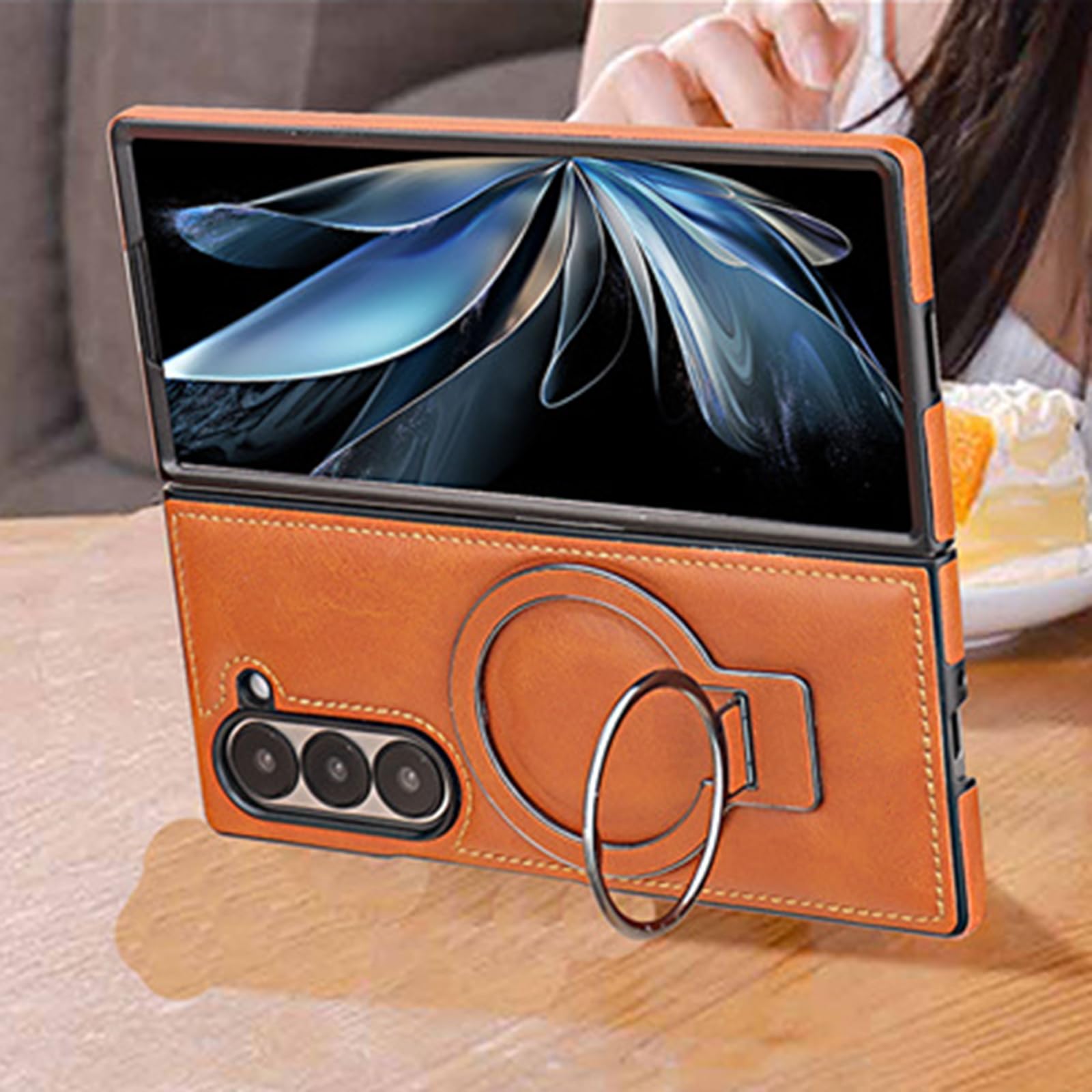 Magnetica Custodia per Samsung Galaxy Z Fold 8 Ultra, d'Epoca Pelle | Sottile Affari Telefono Cover con Rotabile Metallo Anello Supporto Ricarica Wireless Caso,Blu,Fold 8 Ultra