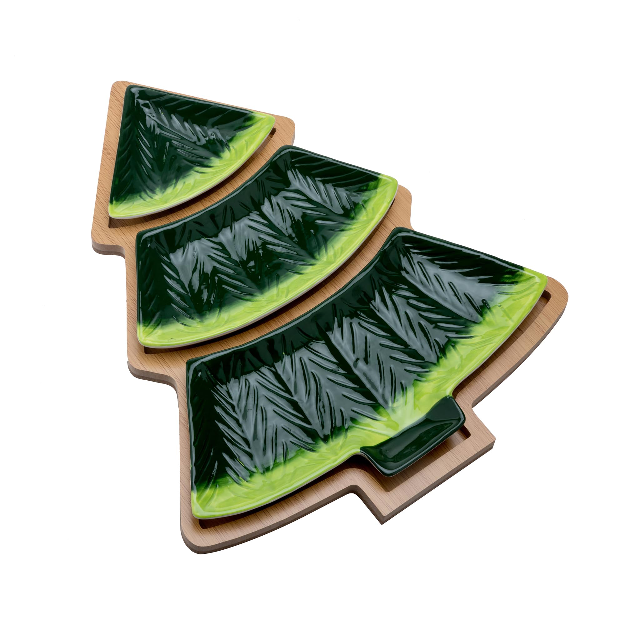 Christmas Tree Tray Set - 3-Piece Ceramic Christmas Tree Serving Trays with Wooden Base - Perfect Holiday Party Platter for Christmas Festive Decor and Entertaining