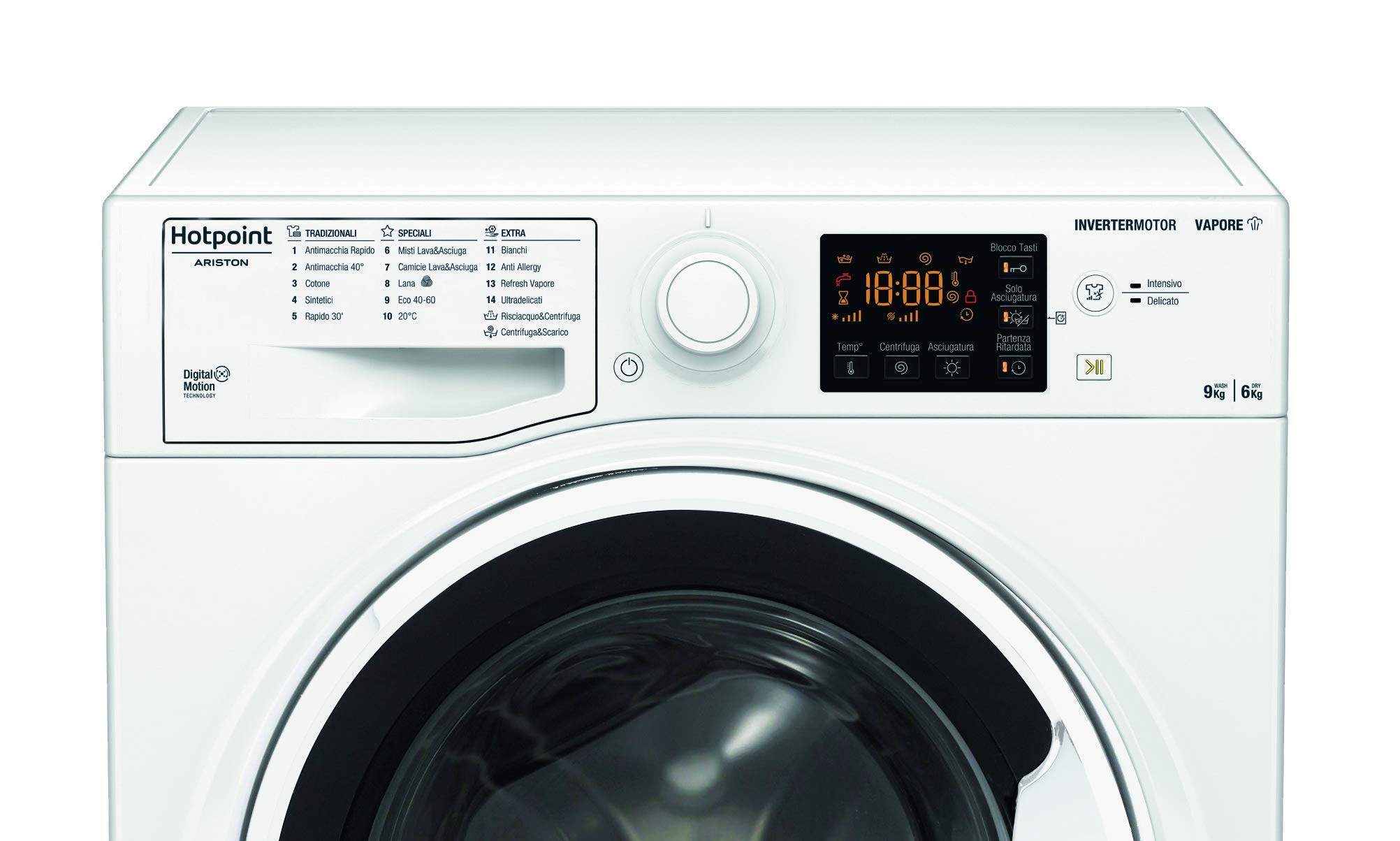 Hotpoint NDB 96443 W IT N Lave-linge 9 kg Charge avant, Libre installation. Centrifugeuse 1400 tours par minute Largeur 59,5 cm, Profondeur 54 cm, Hauteur 85 cm, Classe énergétique E
