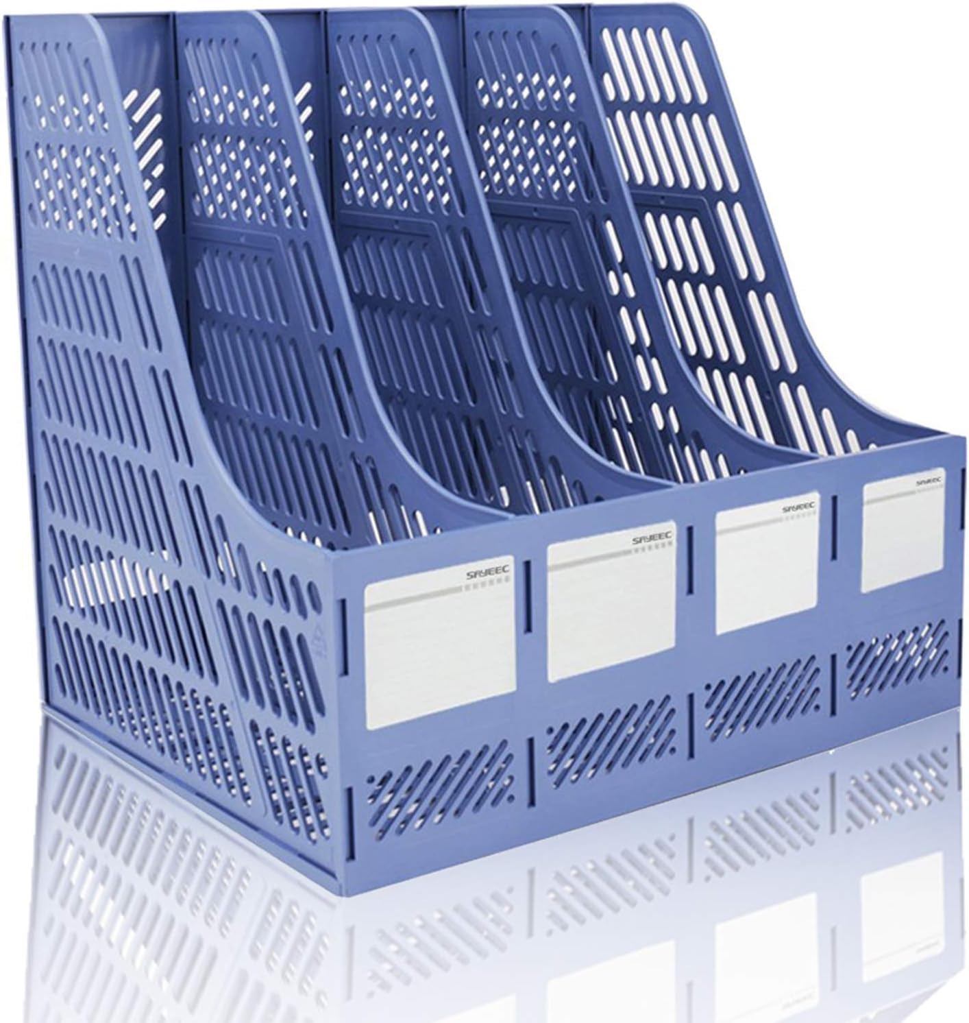 AB SALES Desk Magazine Holder File Organizer, 4-Compartment Plastic File Holder with Labels, Sturdy Document Storage Organizer for Home, Office, or School (Blue)