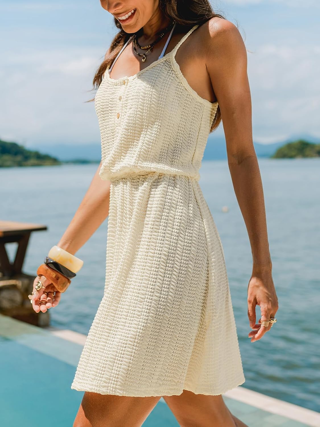 CUPSHE Women's Swimsuit Cover Up Dress Sleeveless Elastic Waist Flowy Knit Swim Cover Up Beach Dress for Swimwear