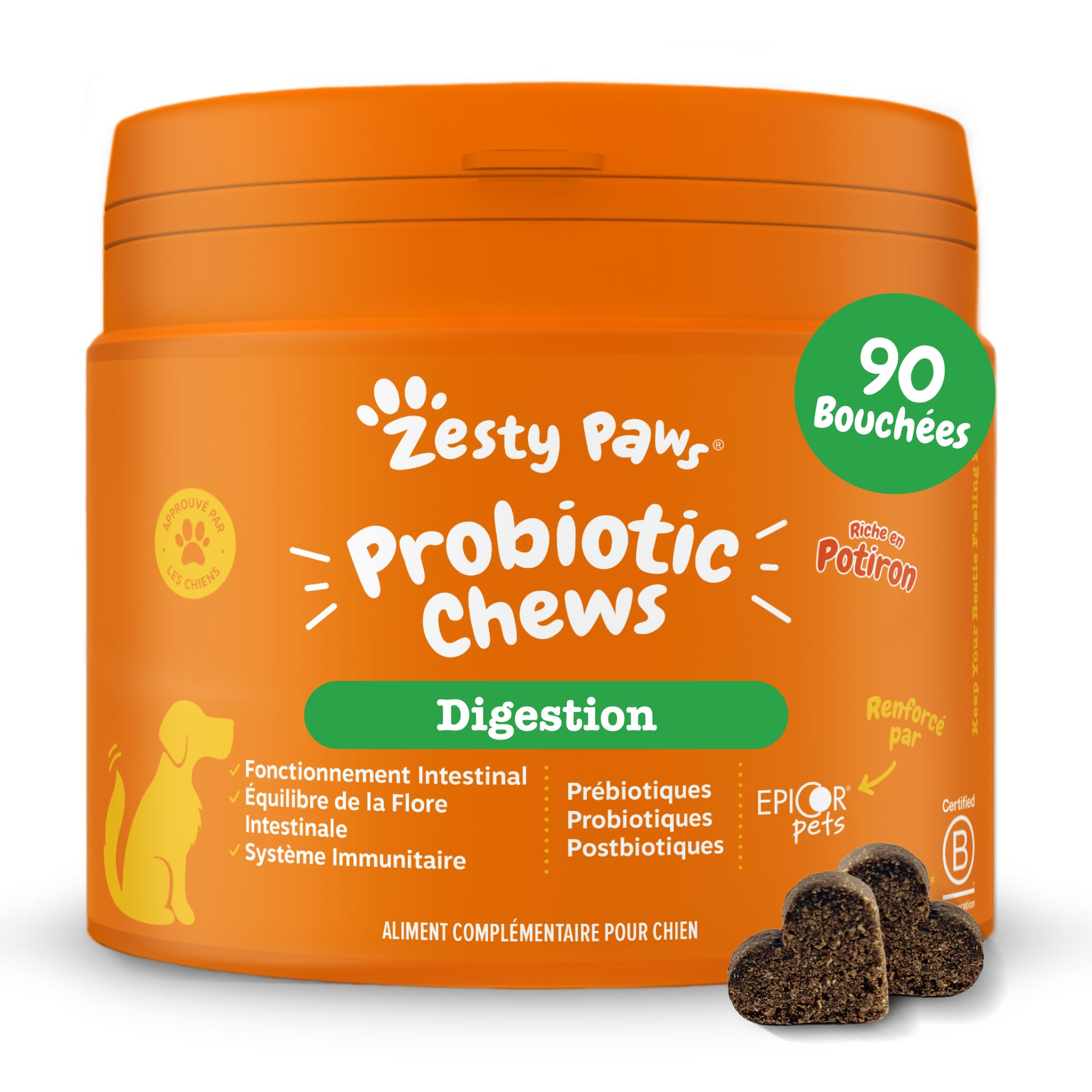 Zesty Paws Bouchées Probiotiques Chien | Supporte Digestion, Équilibre Intestinal, Système Immunitaire | Prébiotiques, Probiotiques, Postbiotiques | Usage Quotidien | 90 Bouchées