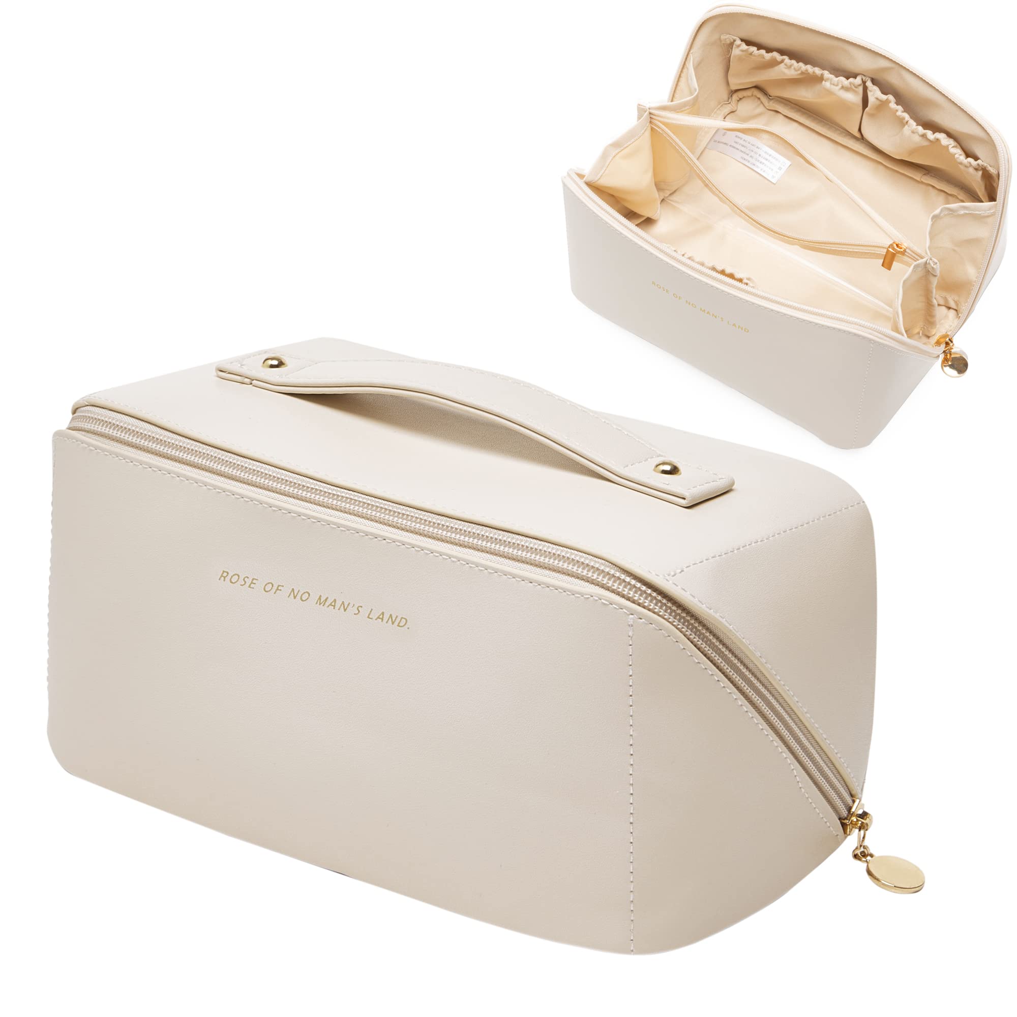 Large Capacity Travel Cosmetic Bag, Makeup Organizer Bag, Multifunctional Storage Makeup Bag Waterproof PU Leather Travel Toiletry Bag for Women (White)