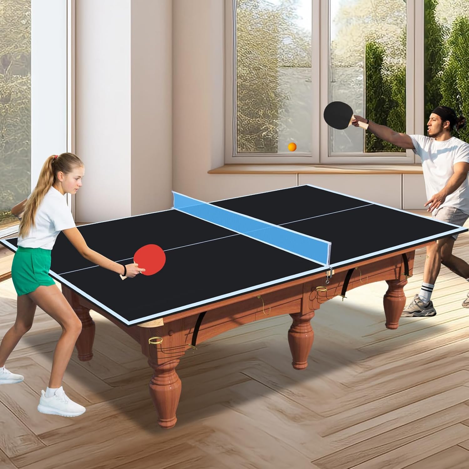 Ping Pong Table Top for Billiard Table, 7FT/8FT/8.5FT/9FT Foldable Table Tennis Table Topper for Pool Table, Indoor Outdoor Table Tennis Conversion Top w/Net & Premium Foam Padding (Black, 8.5x4.7 FT)