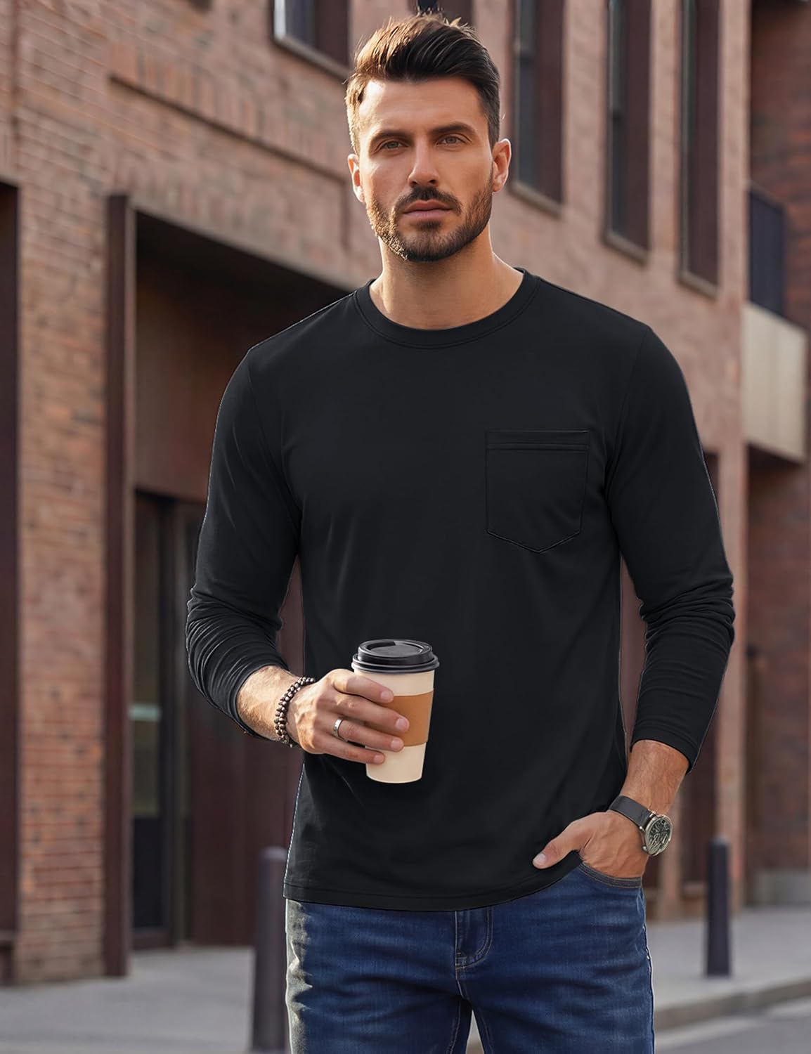 TACVASEN Mens Long Sleeve Tee Shirts Cotton Lightweight Casual Pocket Crew Neck Work T Shirts for All Season