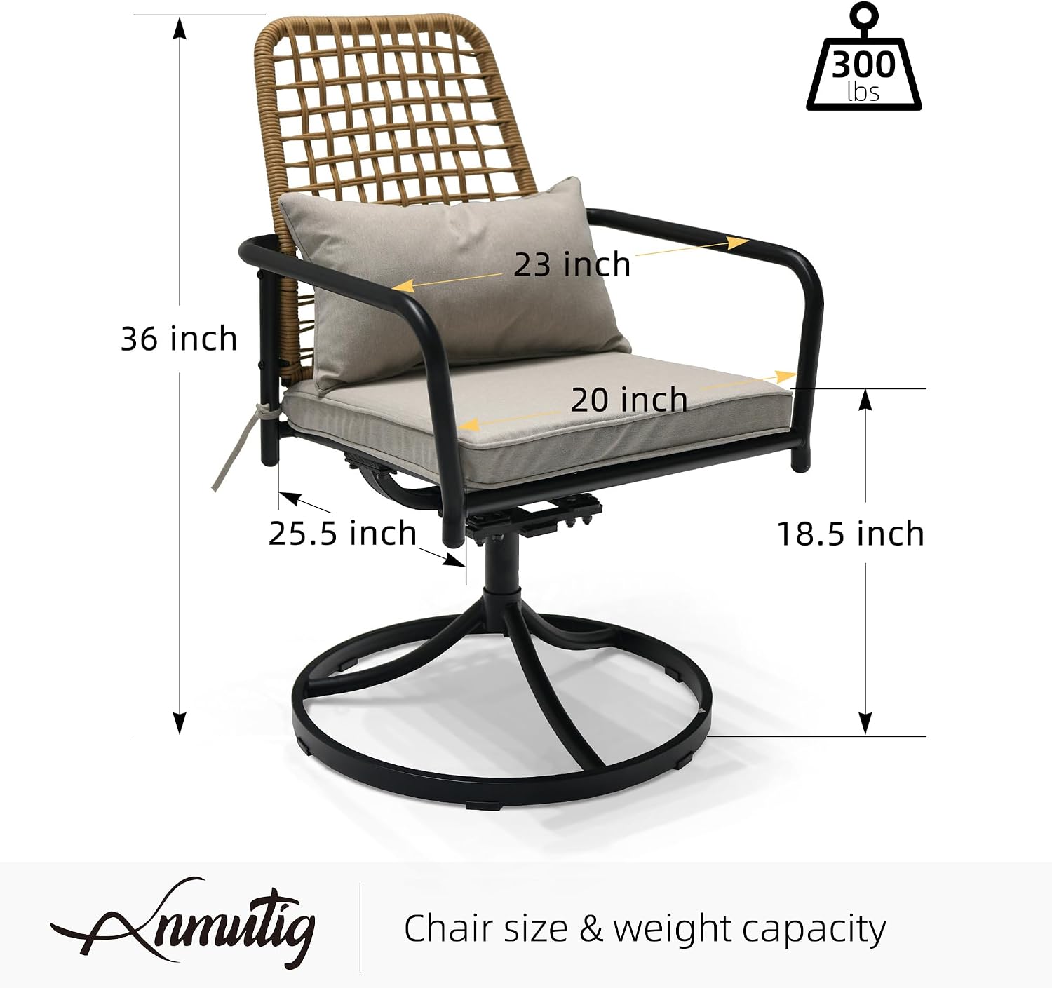 Anmutig Patio Swivel Chairs Set of 2, Outdoor Rattan Dining Chairs with Soft Cushion and Pillow