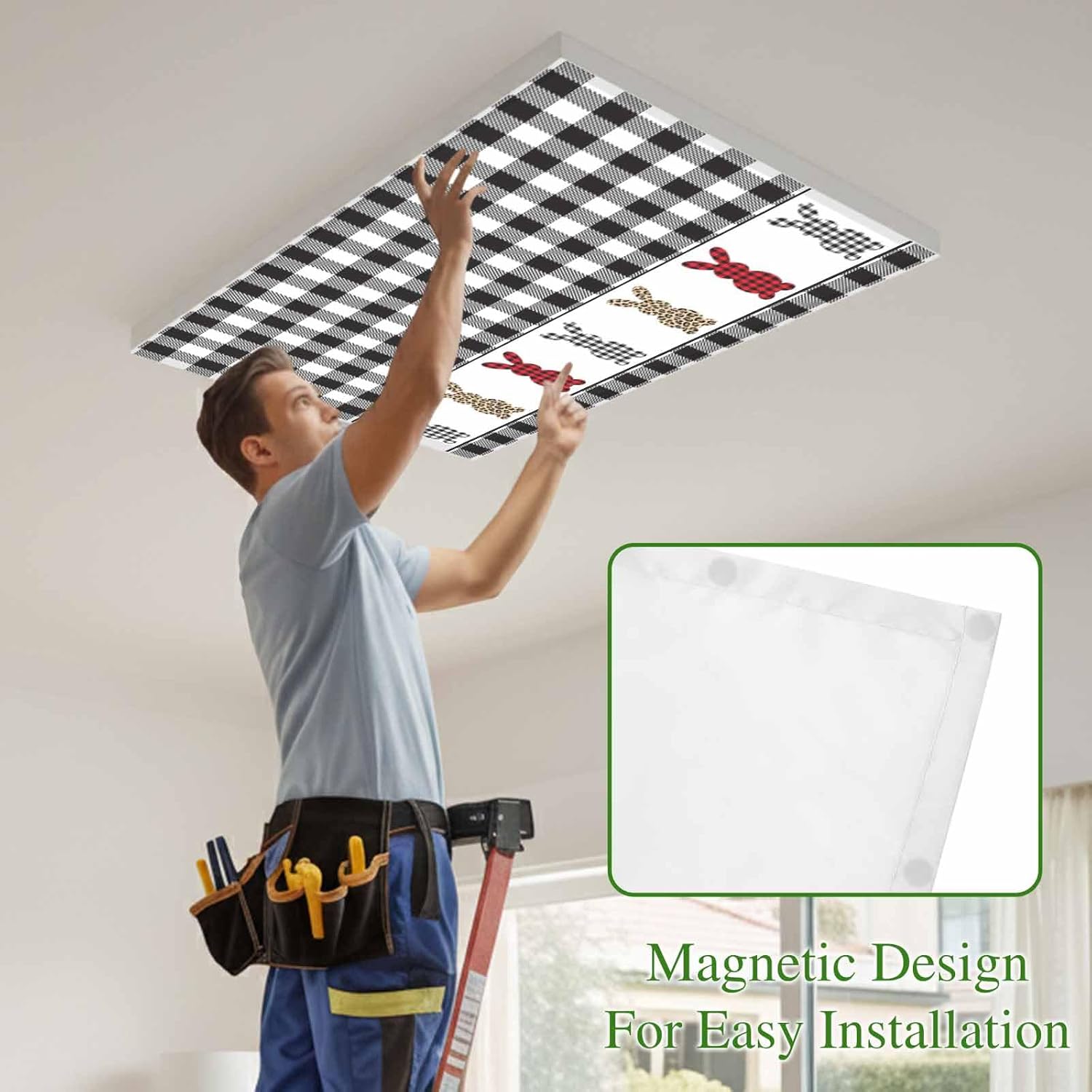 Easter Fluorescent Light Covers for Ceiling Lights 4x2 feet,4 Pack Magnetic Light Filters for Classroom,Cartoon Leopard Print Buffalo Plaid Rabbits Fluorescent Lamp Shade Panel for Office School Drop