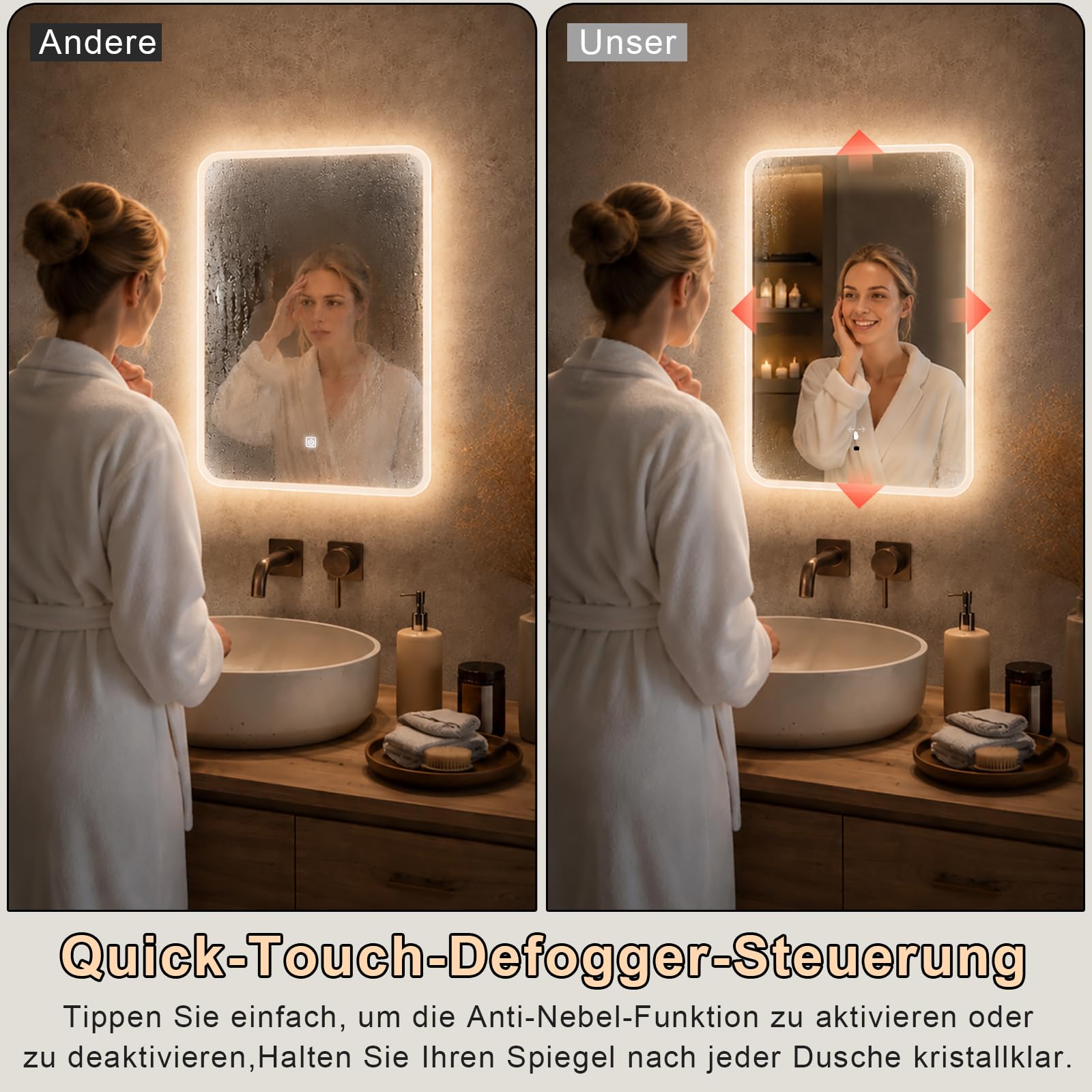Specchio da parete per bagno, con illuminazione, specchio con luce LED, interruttore a sensore e 3 colori dimmerabili (60 L x 45 B) (60 L x 45 B)