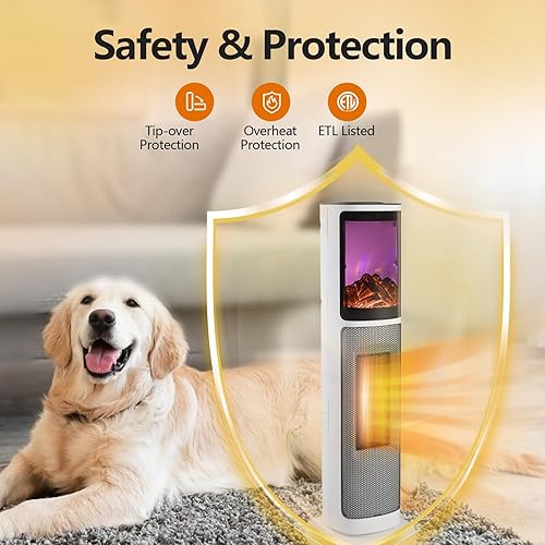Miniatura 4 de Calentador de espacio de torre de cerámica de 750 W1500 W con llama 3D, calentador eléctrico con oscilación de 65, termostato ajustable y control