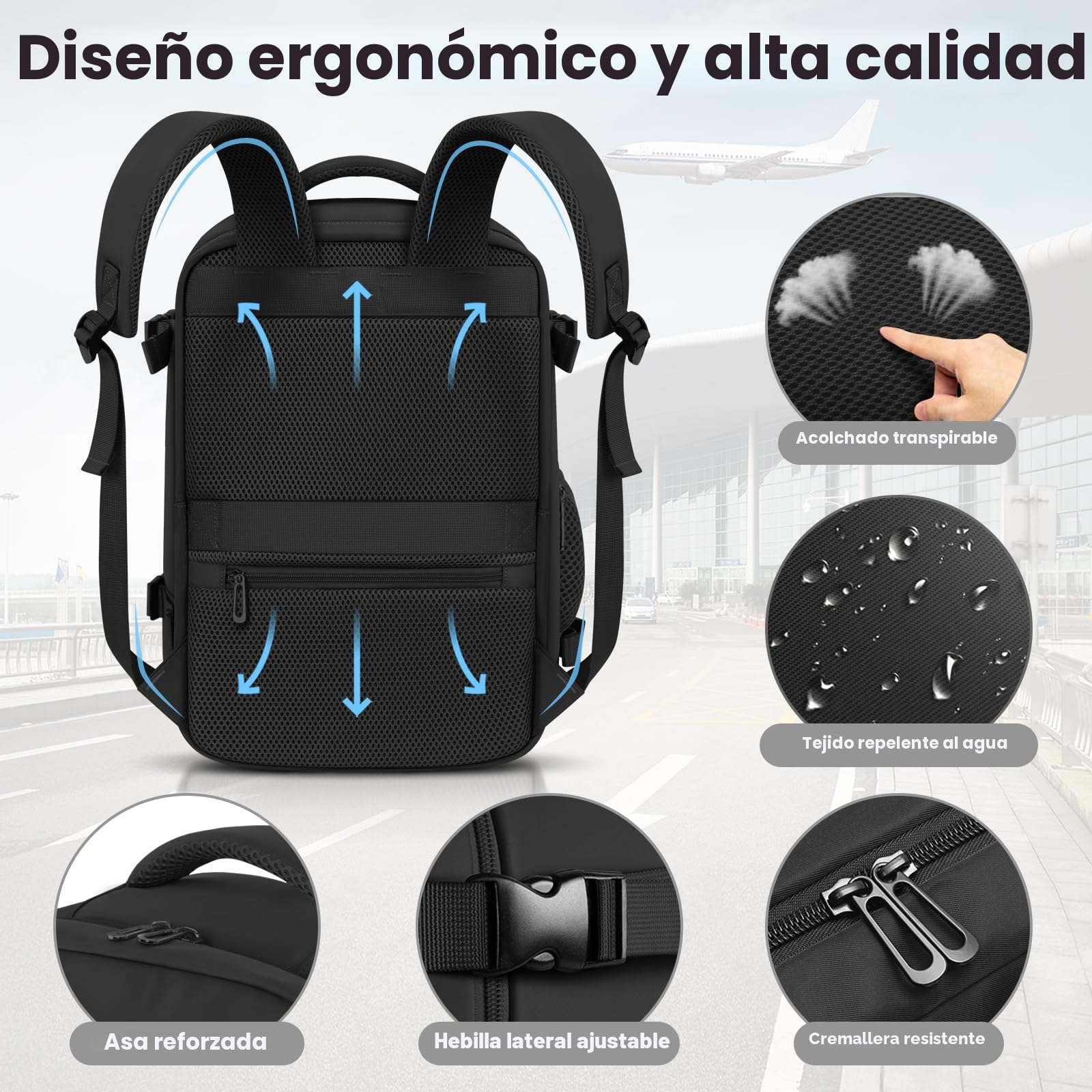 OTAHGK Mochila de Viaje Cabina Avion 40 x 20 x 25 para Ryanair Equipaje de Mano Maletas de Cabina Bolsa de Viaje Hombre Mujer mochila informal para computadora portátil -Negro