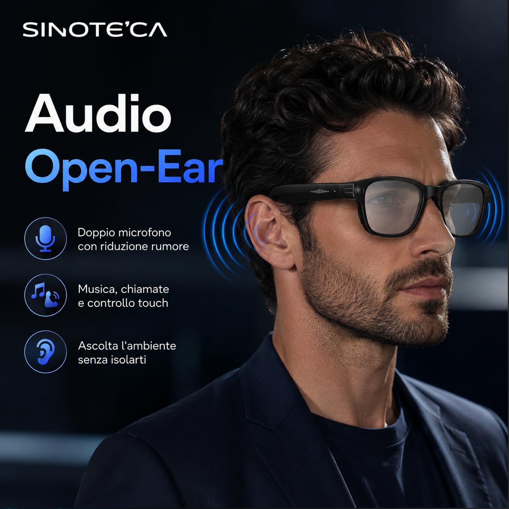 SINOTE'CA AI Smart Glasses con Telecamera 8MP, Occhiali Intelligenti con Lenti Fotocromatiche, Microfono Doppio con Riduzione Rumore, WiFi Transfer, 4GB, Ricarica Magnetica