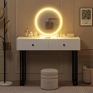 White Vanity Desk with Mirror and Lights, Small Makeup Vanity with 2 Drawers, Modern Vanity Organizer with 3 Color Lights&Adjustable Brightness, Dressing Table for Bedroom