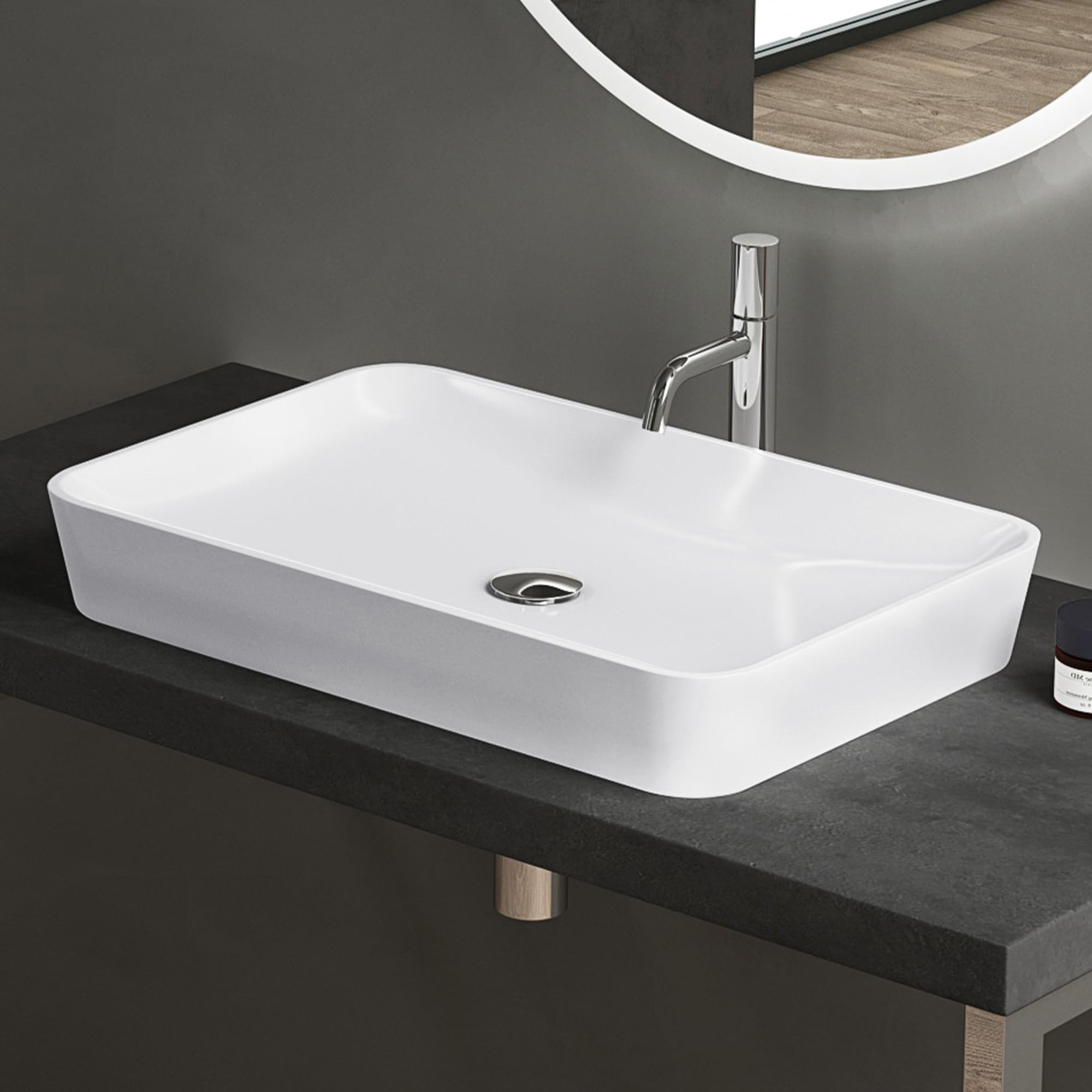 doporro Lavabo da Appoggio 60x40x9 cm per Bagno, Lavamani Soprapiano | Lavandino per Bagno in Minerale Fuso, Colore Bianco, Finitura Lucida, Installazione da Tavolo, Montaggio su Piano