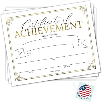 Certificate of Achievement Awards -25 Bulk Award Certificates for Students & Employee of the Month, Gold Certificate Paper, Superlative Academic Excellence End of School Certificates of Completion