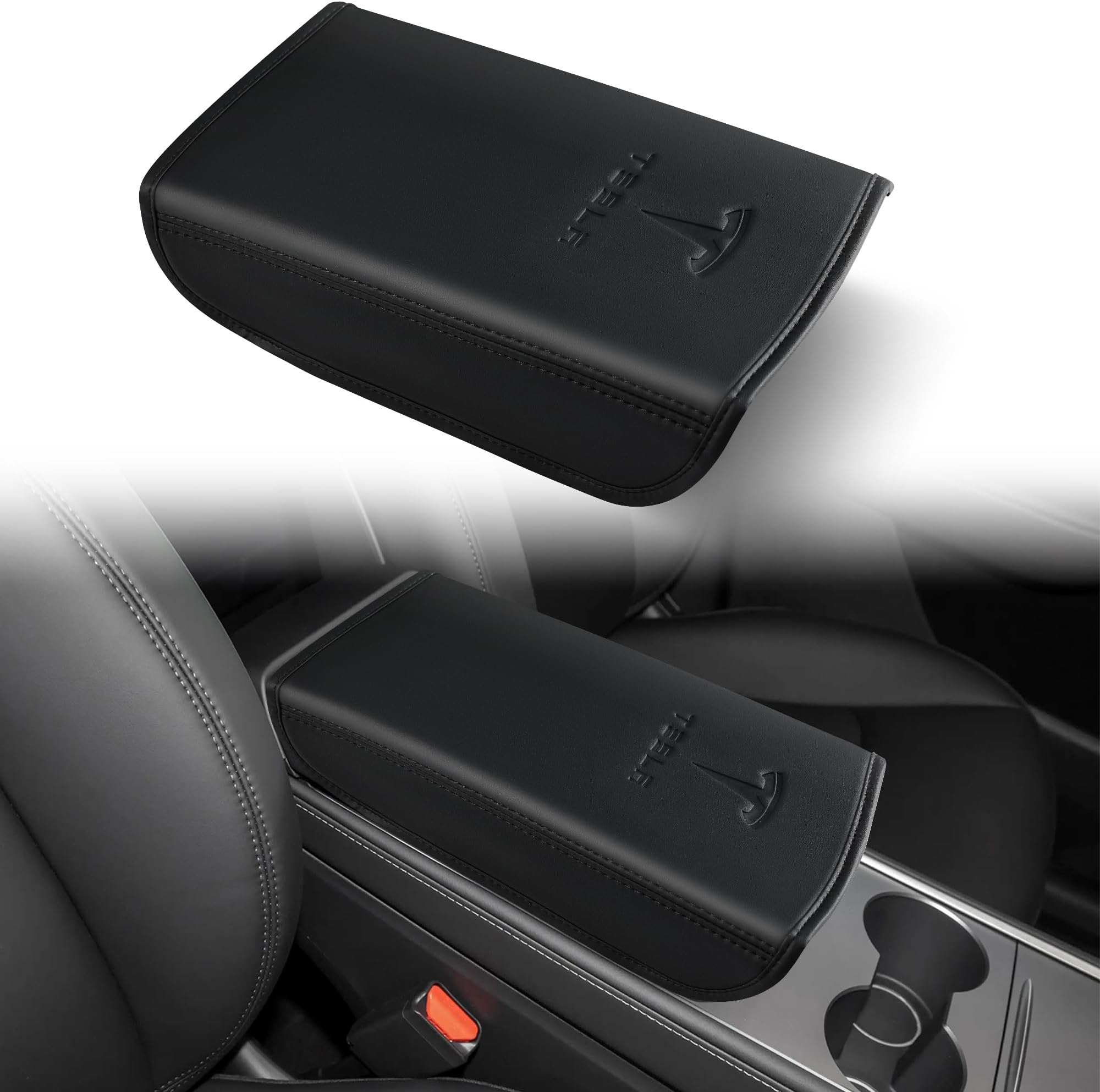 Tinlucys Armrest Cover Designed for Tesla Model 3/Y 2017-2023 2024,Leather Center Console Cover for Tesla Model 3/Y Interior Accessories Black