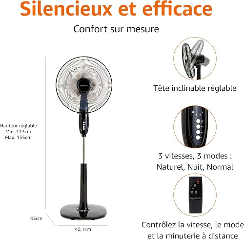 Amazon Basics Ventilateur sur Pied 40 cm avec Télécommande, pour Chambre, Salon, Bureau, 3 Vitesses, 3 Modes, Minuterie, Pales Double Couche, Hauteur Réglable, Tête Inclinable, 60W, Noir - 2