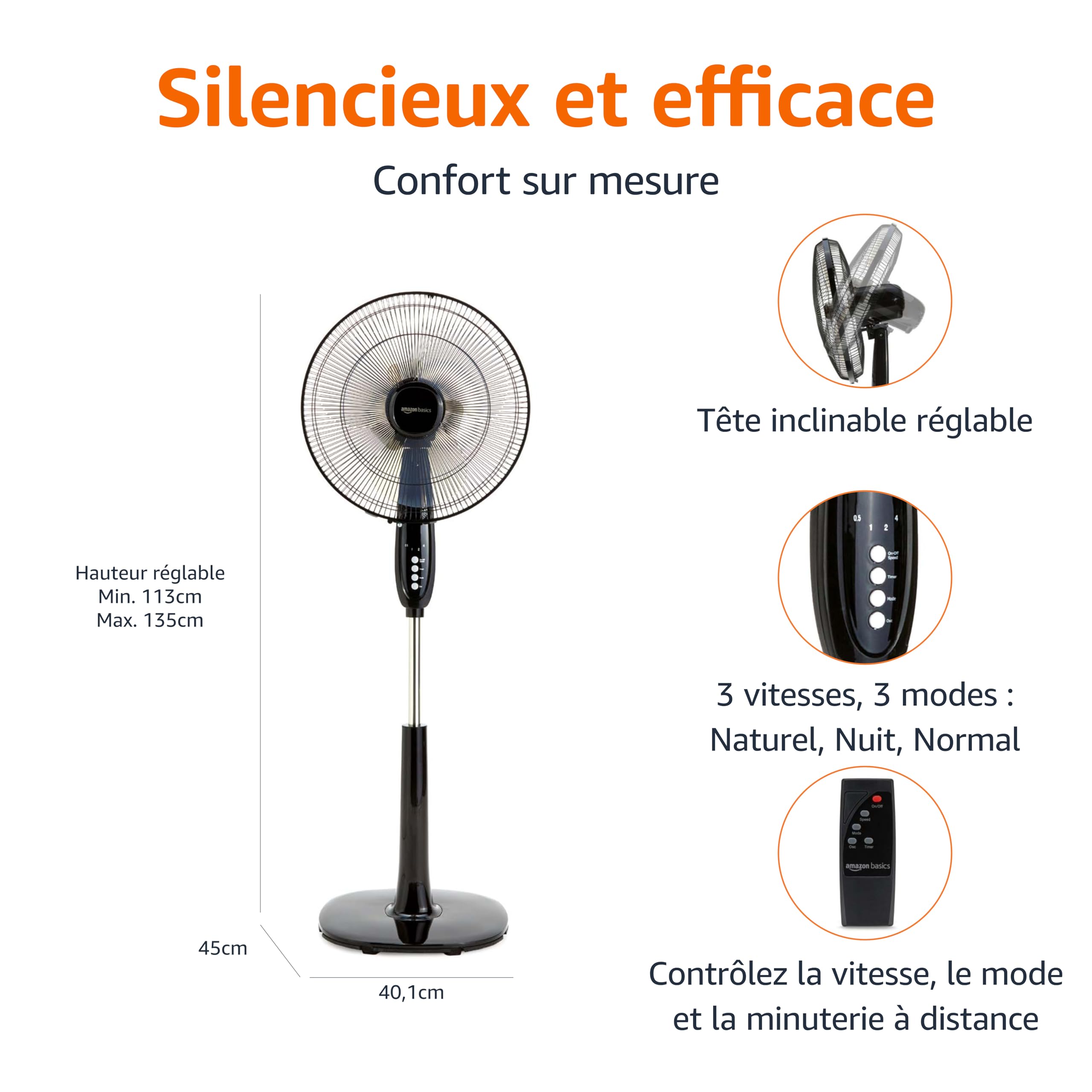 Amazon Basics Ventilateur sur Pied 40 cm avec Télécommande, pour Chambre, Salon, Bureau, 3 Vitesses, 3 Modes, Minuterie, Pales Double Couche, Hauteur Réglable, Tête Inclinable, 60W, Noir
