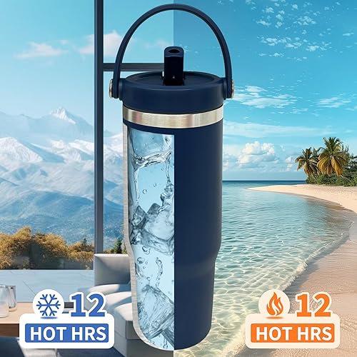 Miniatura 5 de Vaso de 30 onzas con asa superior, vaso aislado al vacío de doble pared con popote abatible, taza de café de viaje de 30 onzas con recubrimiento en