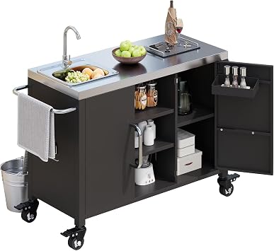 DRIXNO 55.5" Outdoor Kitchen Island with 304 Stainless Steel Sink, Metal Grill Cart Table with 4 Lockable Wheels, BBQ & Pizza Prep Station for Patio, Backyard, RV, Black
