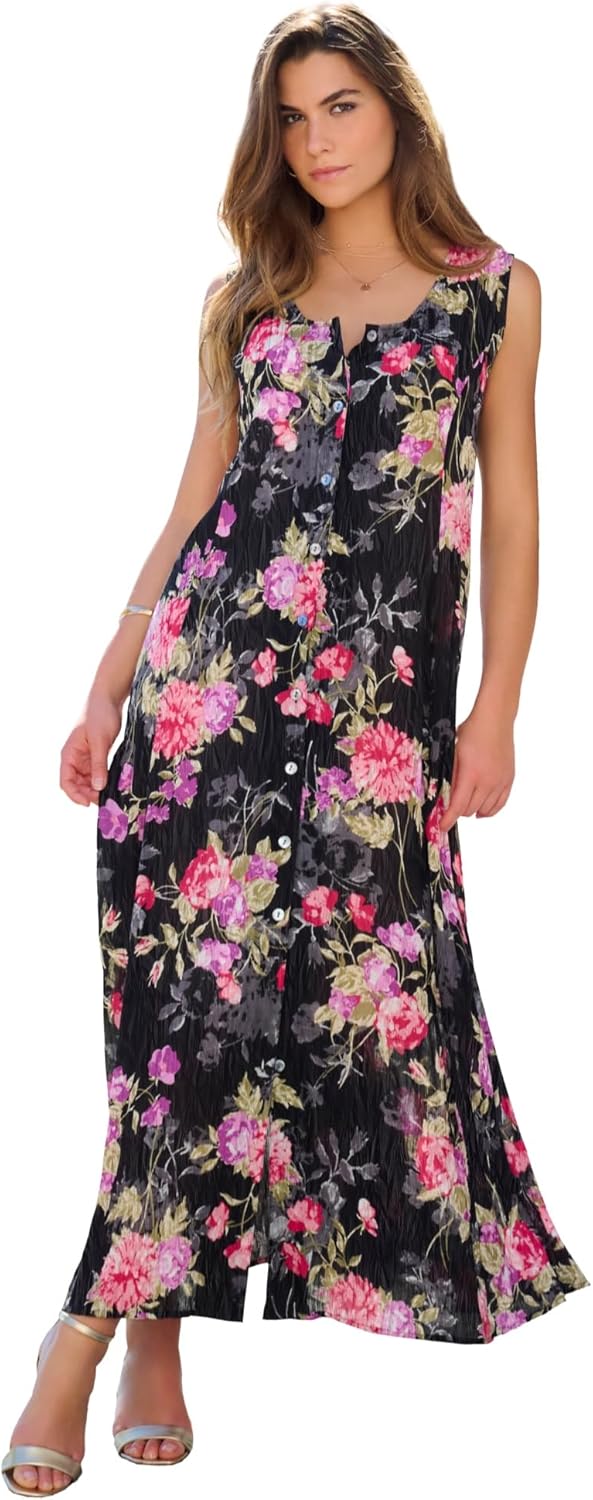 Roaman's Women's Plus Size Button-Front Crinkle Dress with Princess Seams