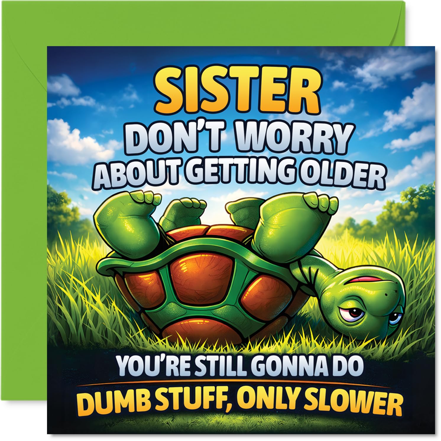 Funny Birthday Card for Sister - Age Is Just a Number - Playful Turtle Illustration with Witty 'still Gonna Do Dumb Stuff, Only Slower' Message - 145mm Square, Envelope Included