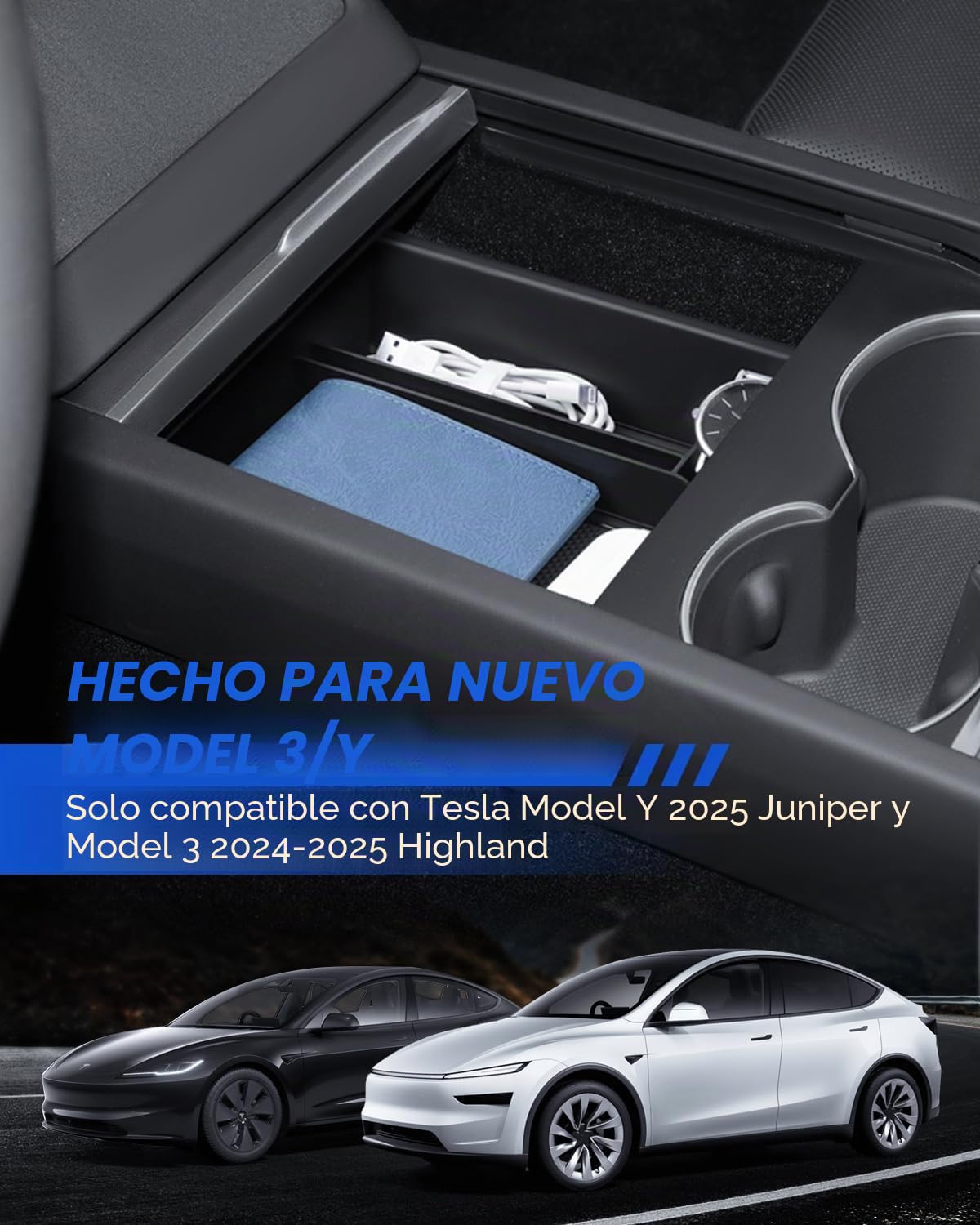 Organizador de Consola Central para Tesla Model Y 2025-2026 y Model 3 2024-2026 Caja de Almacenamiento con Material Aterciopelado Tesla Juniper Highland Accesorios
