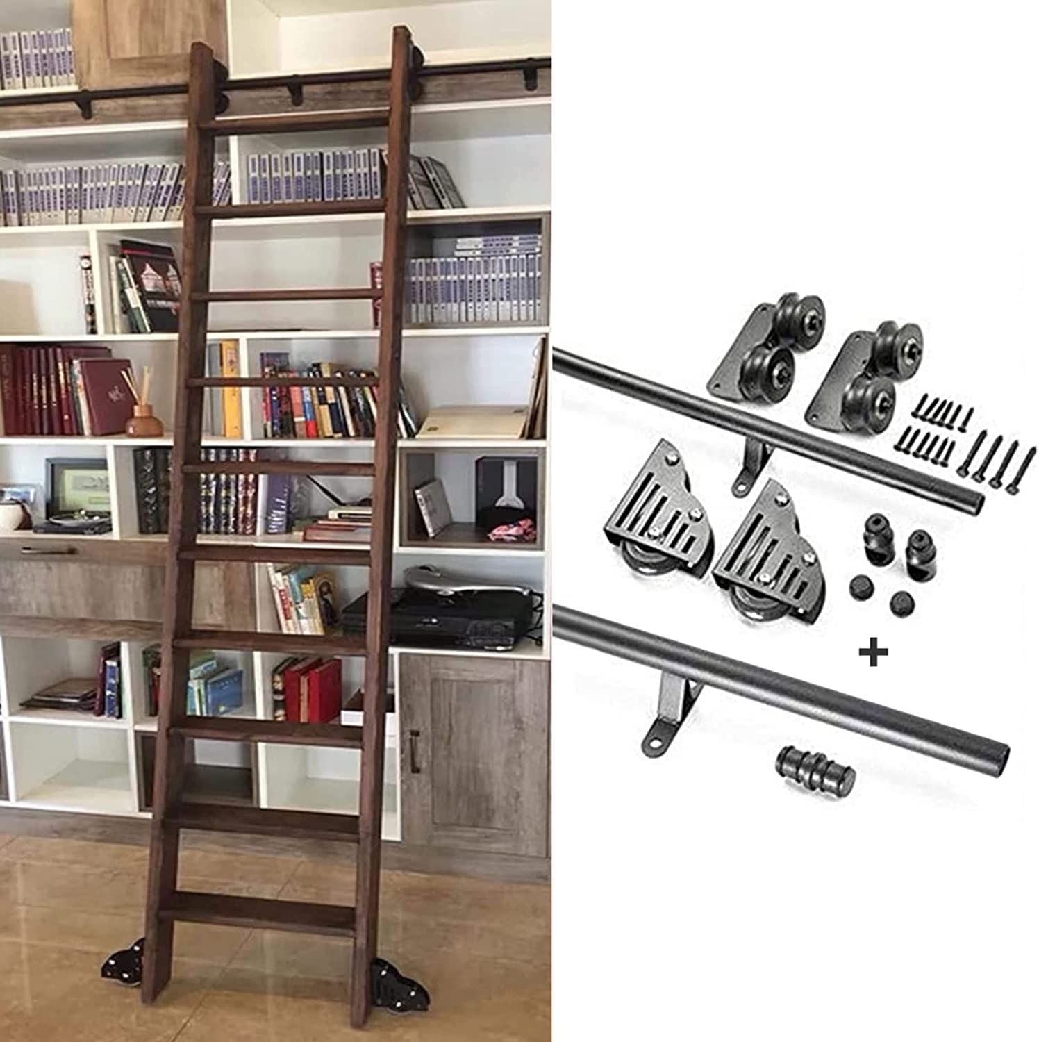 Kit quincaillerie pour échelle de bibliothèque roulante avec rails coulissants et roulettes au sol
