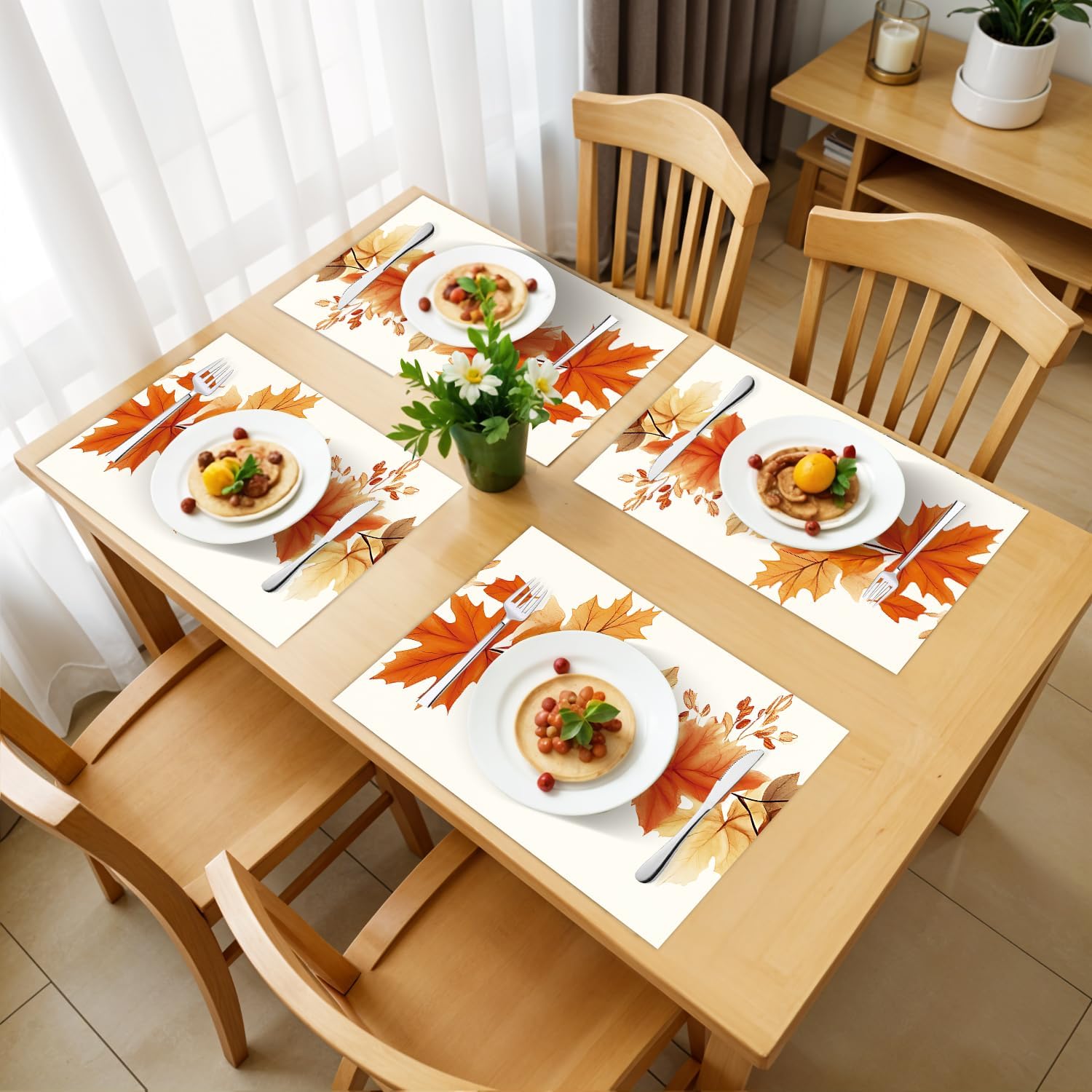 ANNA QUEEN Autumn Maple Leaves Table Runner and Placemats Set of 4, 13"x72" Table Runner with 12"x18" Placemats, Thanksgiving Fall Decor for Kitchen Table and Dining Room