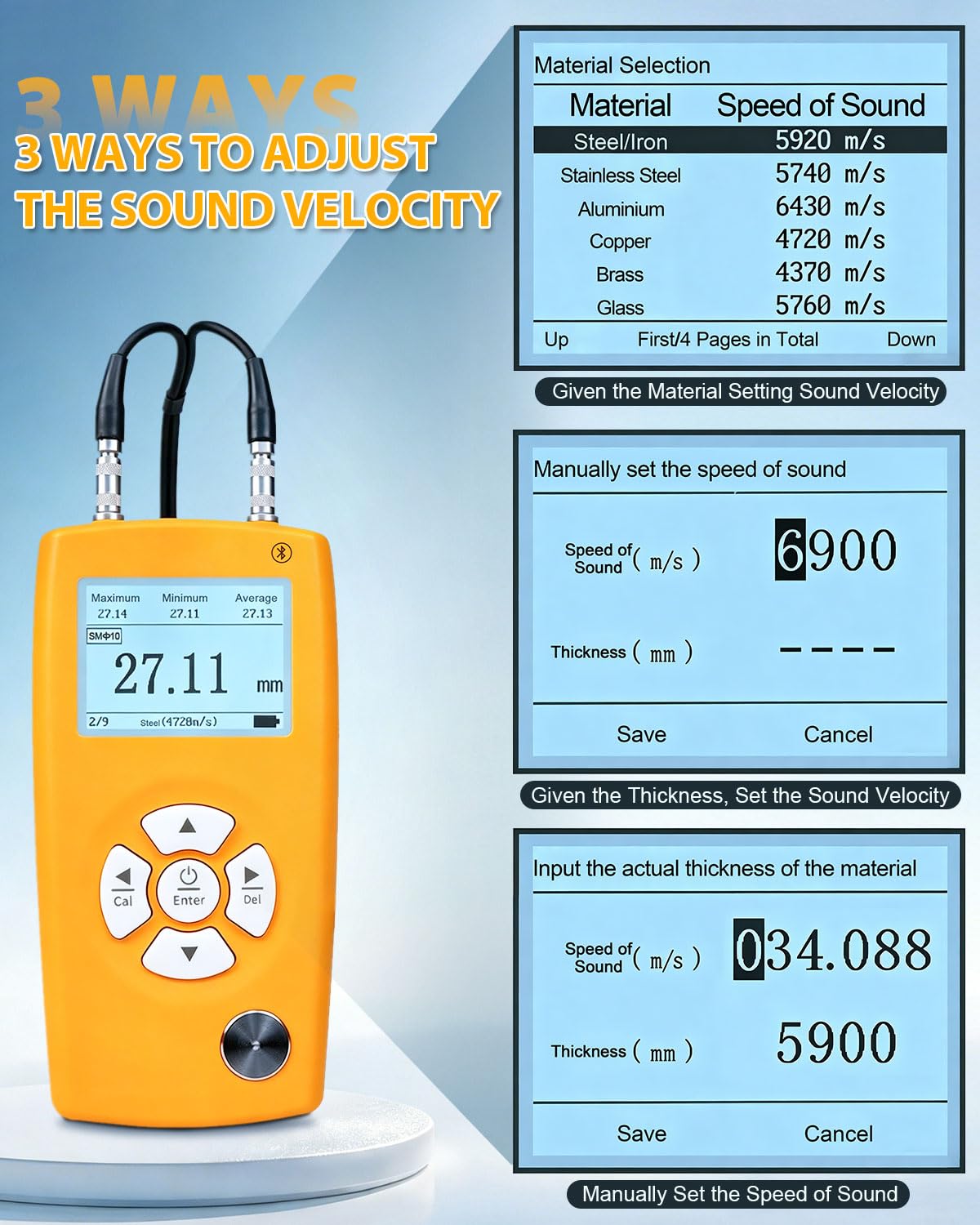 Spessimetro Digitale Ultrasuoni Intervallo di Misura 0,8-350mm, sonda da 5MHz φ10 mm, Compatibile con App e 999 Dati, Thickness Gauge per Acciaio, Metallo, Plastica, Vetro, Ceramica