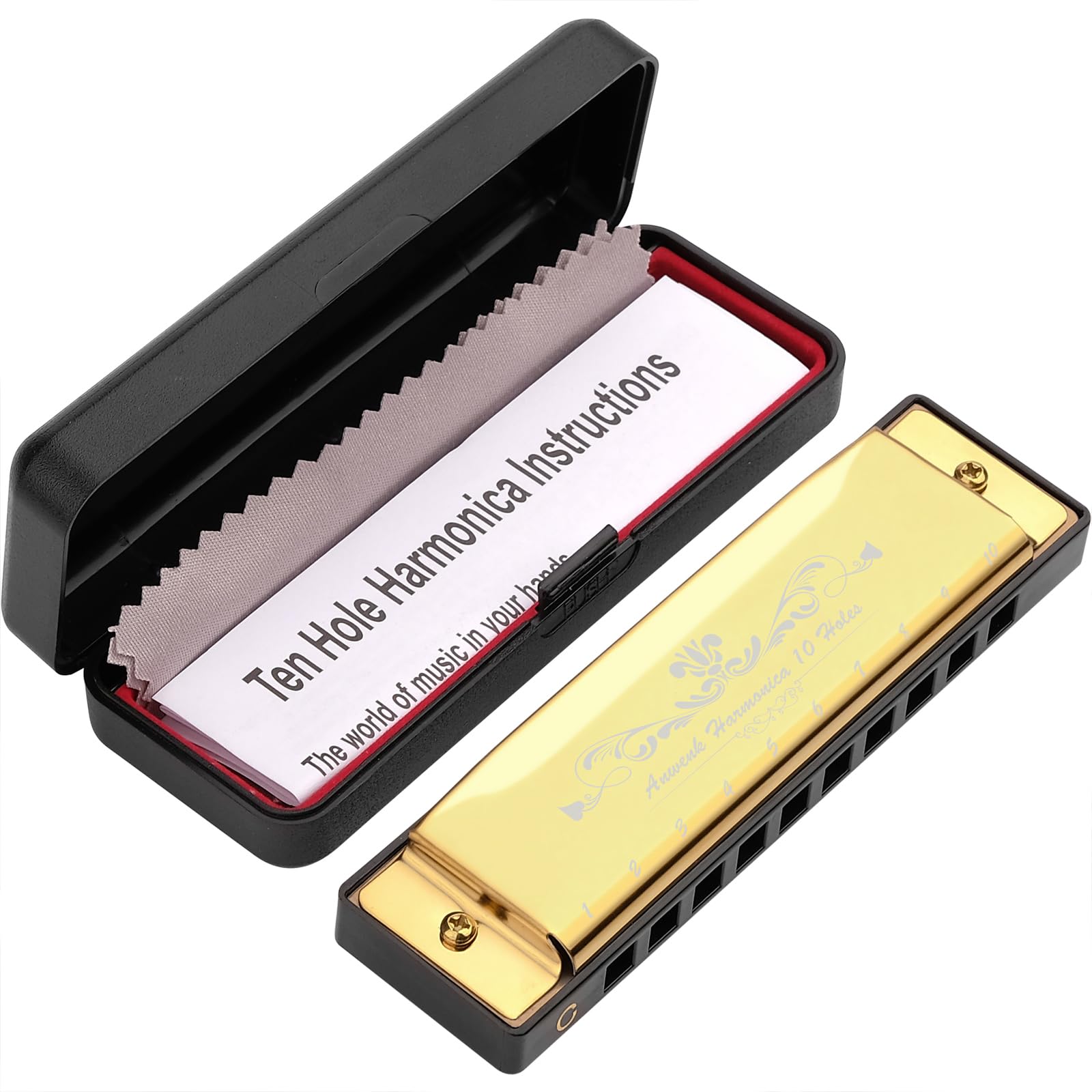 Anwenk Harmonica Key of C 10 Hole 20 Tone Diatonic Harmonica C with Case for Beginner, Gold