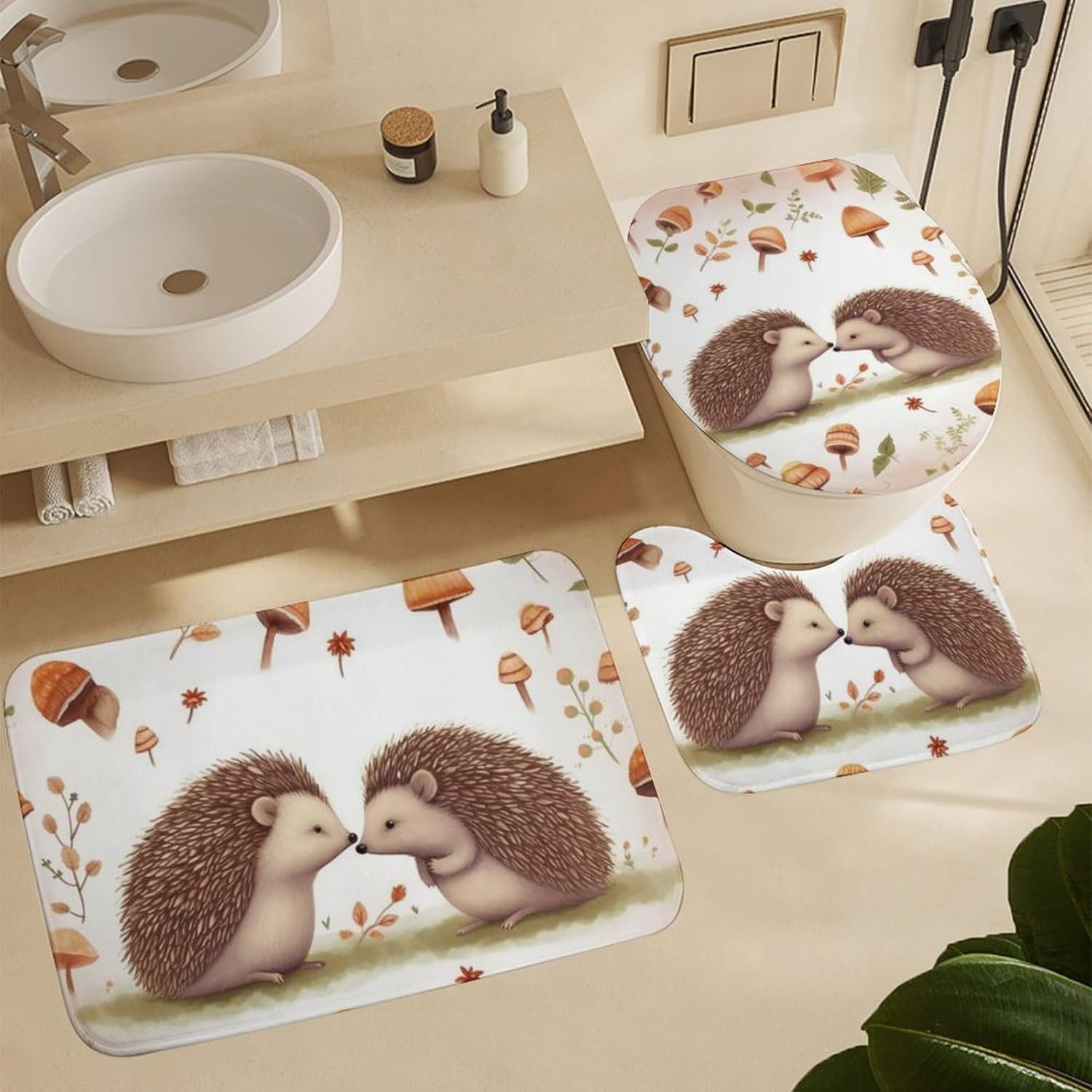 Anti-Skid Floor Mats 3 Piece Set,Nature Lovely Hedgehog Lovers Printed Coral Fleece Bathroom Mats U-Shaped Contour Mat Toilet Seat Cover for Bathroom, Tub, Shower, Kitchen 19.7"x31.5"