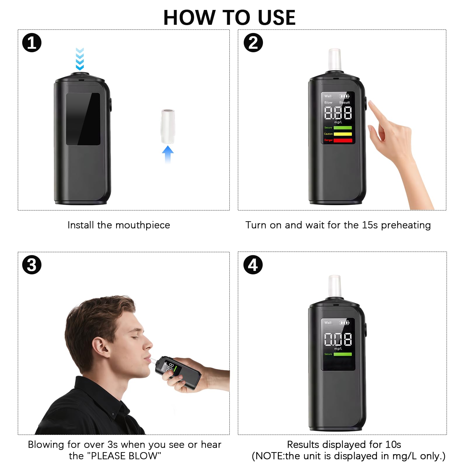 Alcoholimetro- Alcoholímetros con 6 boquillas Reutilizables, alcolimetro Profesional portátil con Pantalla Digital LCD, Test alcoholemia para Uso doméstico y Fiestas, AT02