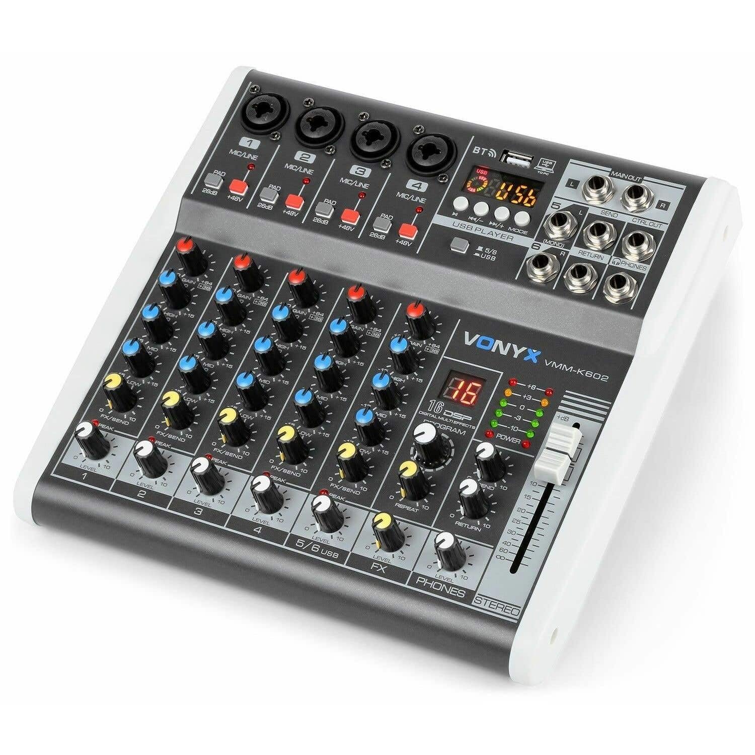 Vonyx VMM-K602 - Music Mixer 6 Canali, Bluetooth, USB-Audio-Interface, LED VU Meter e Peak LED, Uscita cuffie, 4 x ingressi Mono Microfono/Line (Combo XLR/jack da 6,3 mm)
