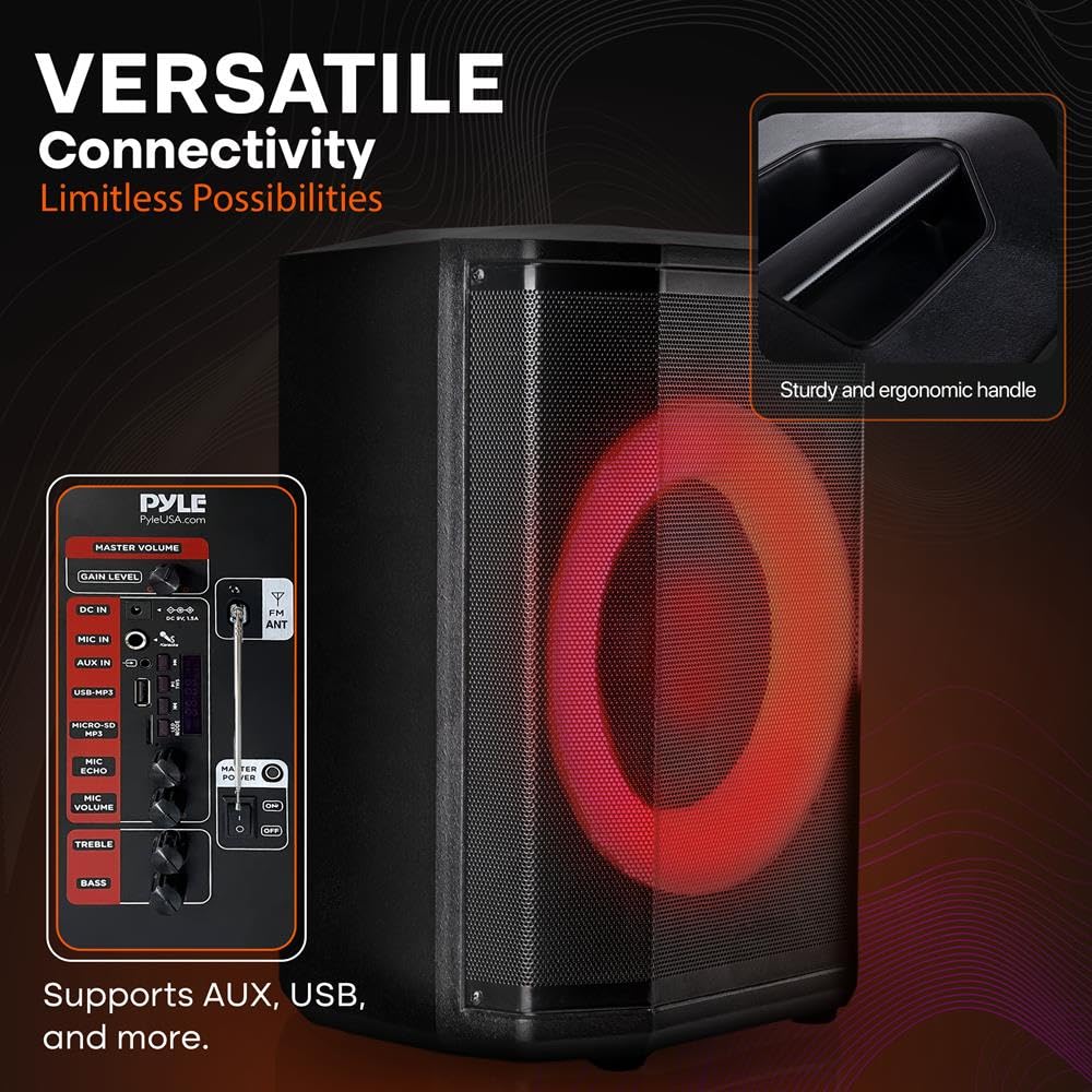 Pyle Partybox Bluetooth Lautsprecher 120W TWS – Kompakte PA Anlage mit kraftvollem Sound, LED Lichteffekte, inkl. Tragtasche, Stativ, USB, Micro SD, FM Radio