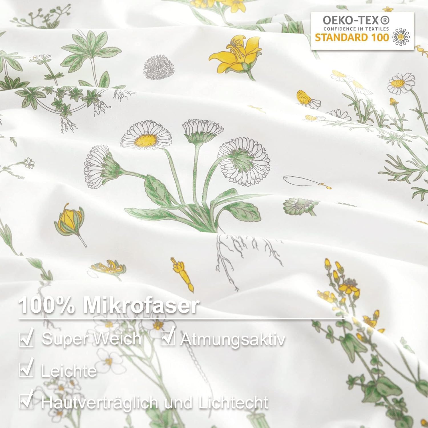 Lanqinglv Biancheria Da Letto 4 Pezzi 135x200 Cm - Copripiumino Con Foglie Verdi E Fiori, Microfibra Morbida, Reversibile - 3