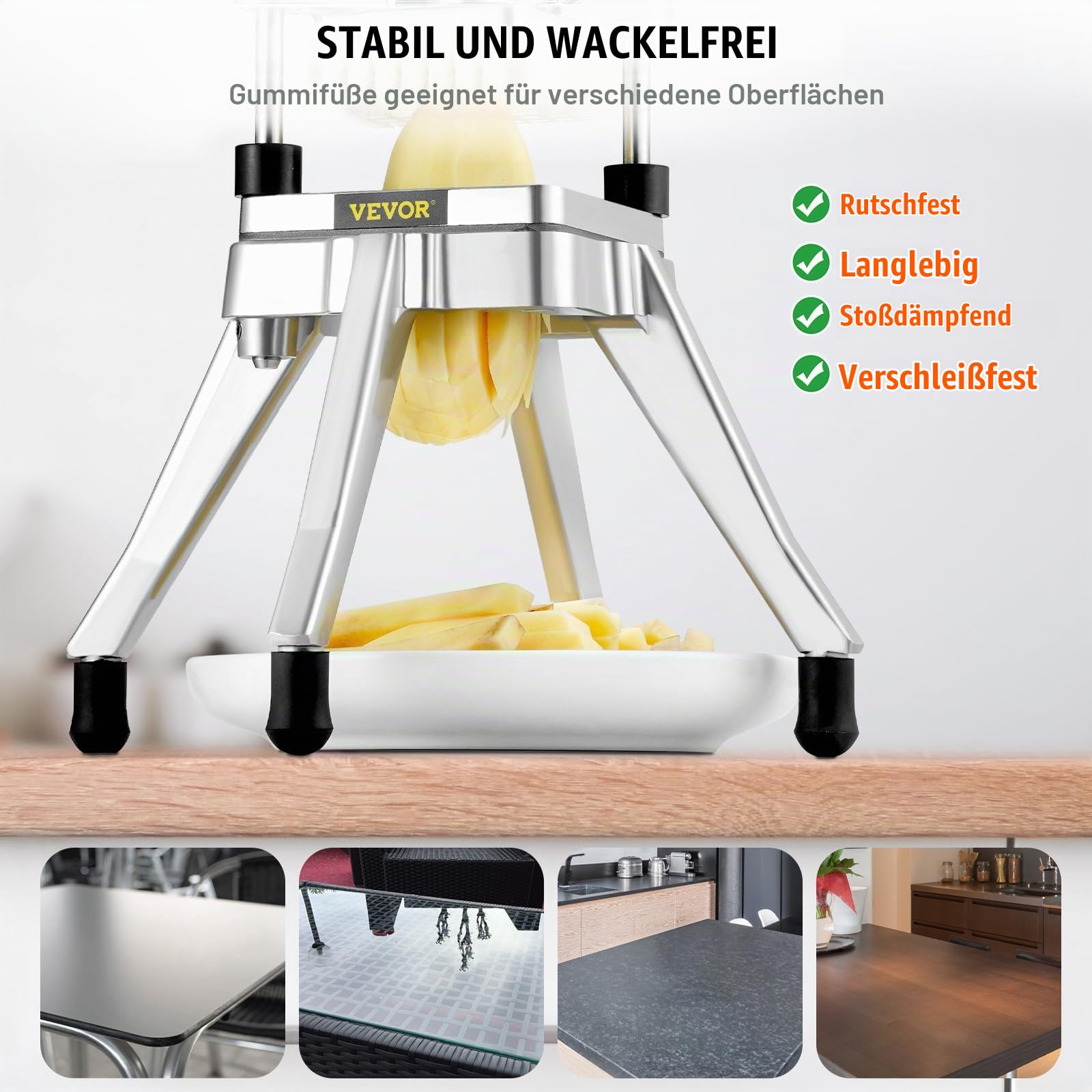 VEVOR Kartoffelschneider Pommes Frites Schneider 1/4 Zoll, Frittenschneider Gemüseschneider Kommerzieller Zerkleinerer Obstschneidemaschine mit 2 Ersatzklingen, Edelstahl Zerhacker Salat, Früchte
